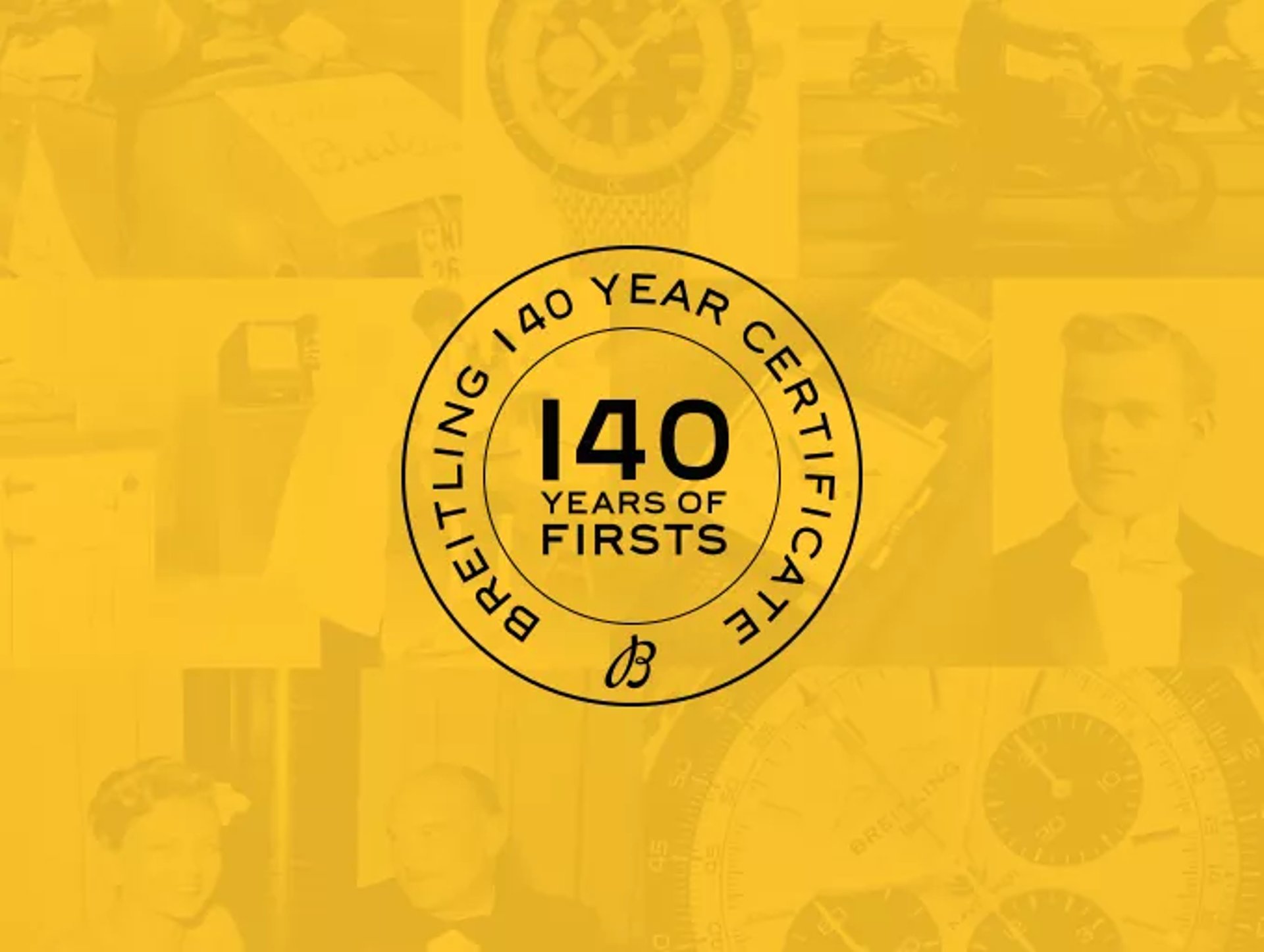 {generated} Breitling 140-year digital certificate emblem set against a yellow collage highlighting brand heritage milestones.