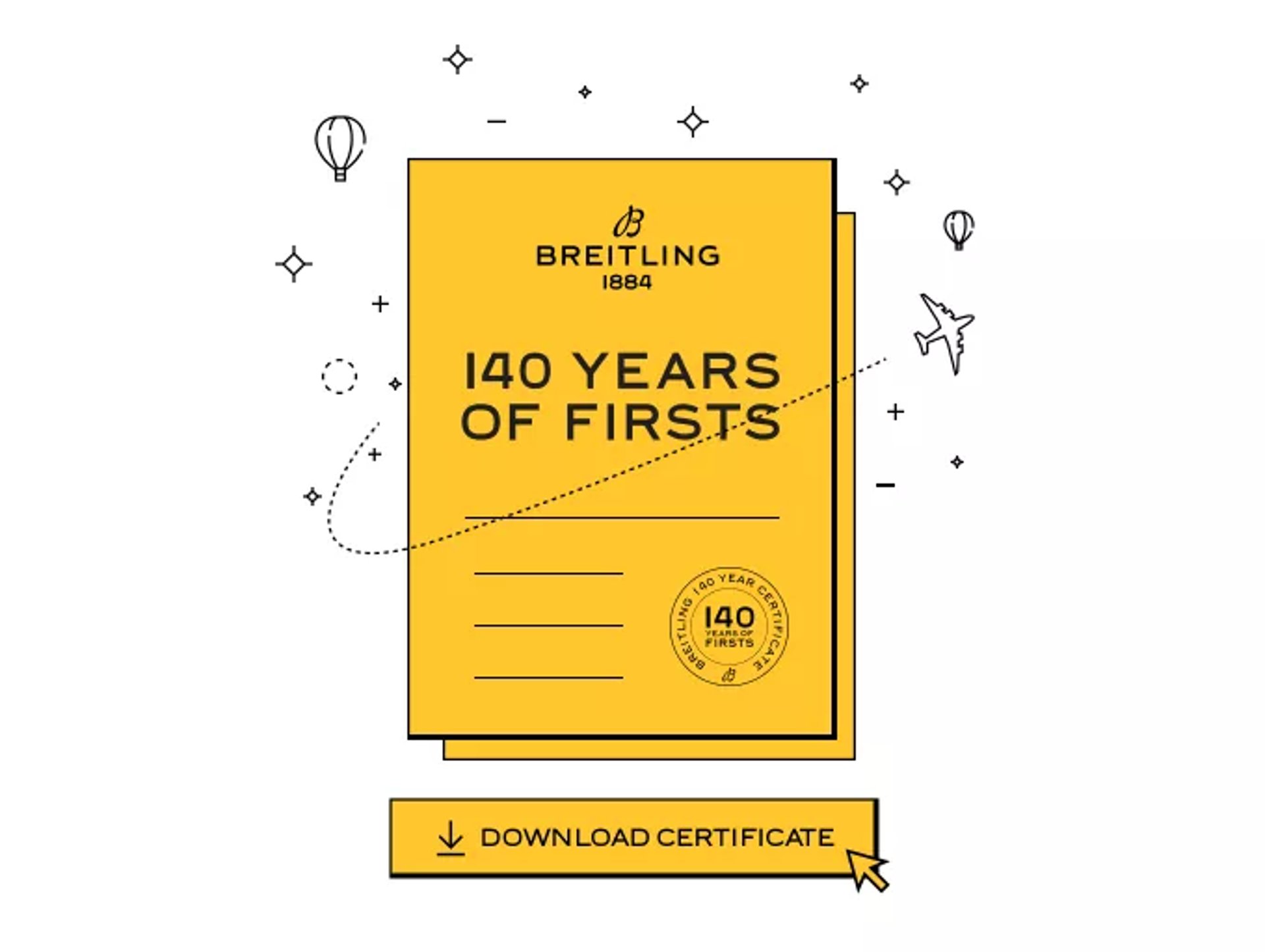 {generated} Breitling anniversary certificate graphic highlighting 140 years of firsts with aviation icons and a download prompt