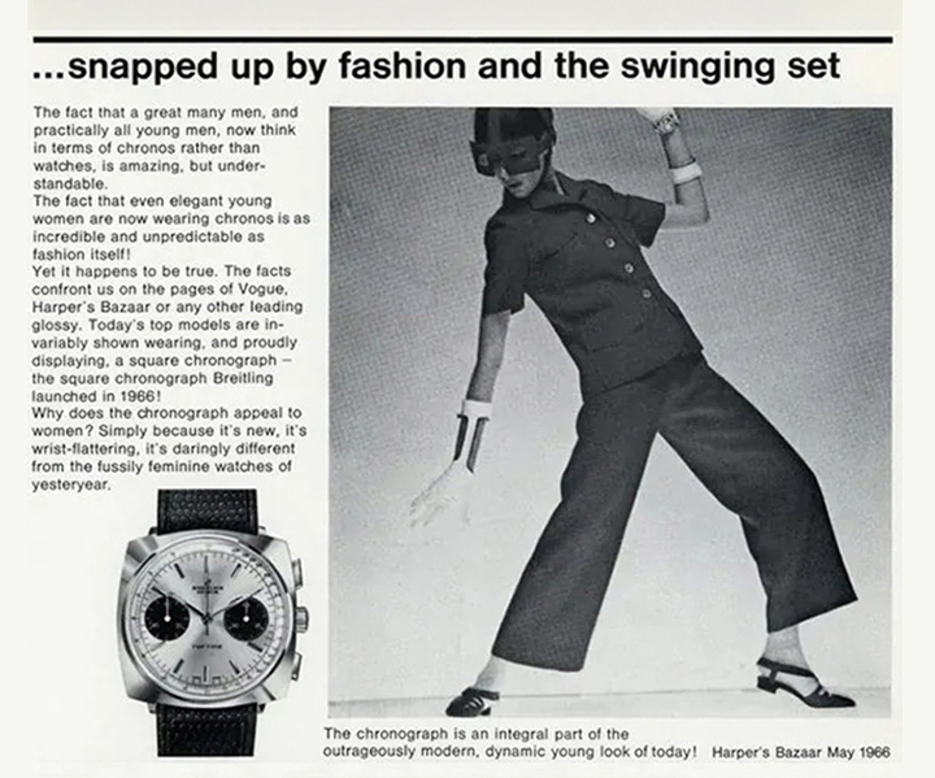 {generated} 復古廣告中一位女性在旁擺姿,突顯Breitling Top Time墊形計時碼錶的時尚魅力