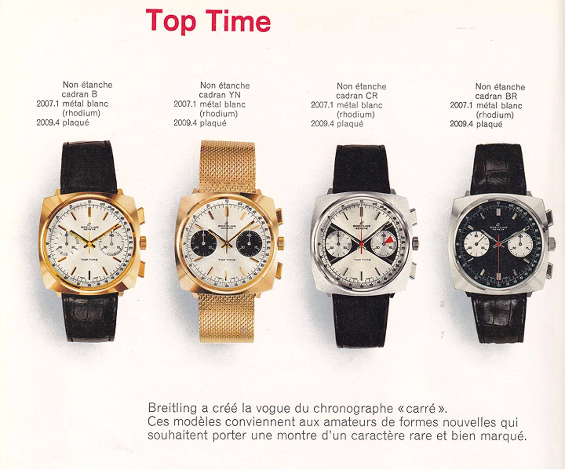 {generated} 四款百年靈Top Time墊形計時碼錶搭配多樣表盤與錶帶,呈現精緻獨特的復古風格。