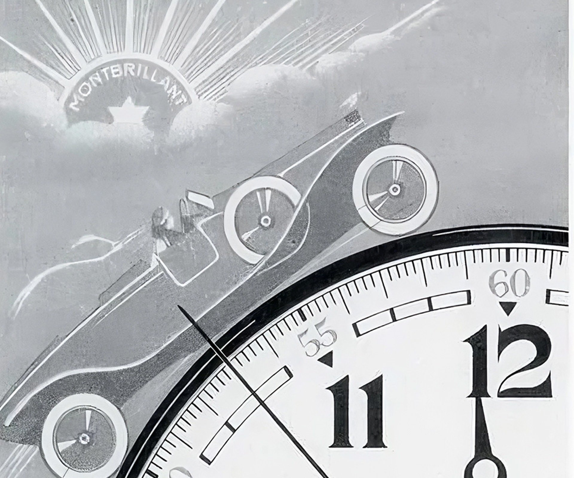 {generated} Vintage 1932 scene merging a speeding car with an oversized Breitling dial, conveying early chronograph precision.