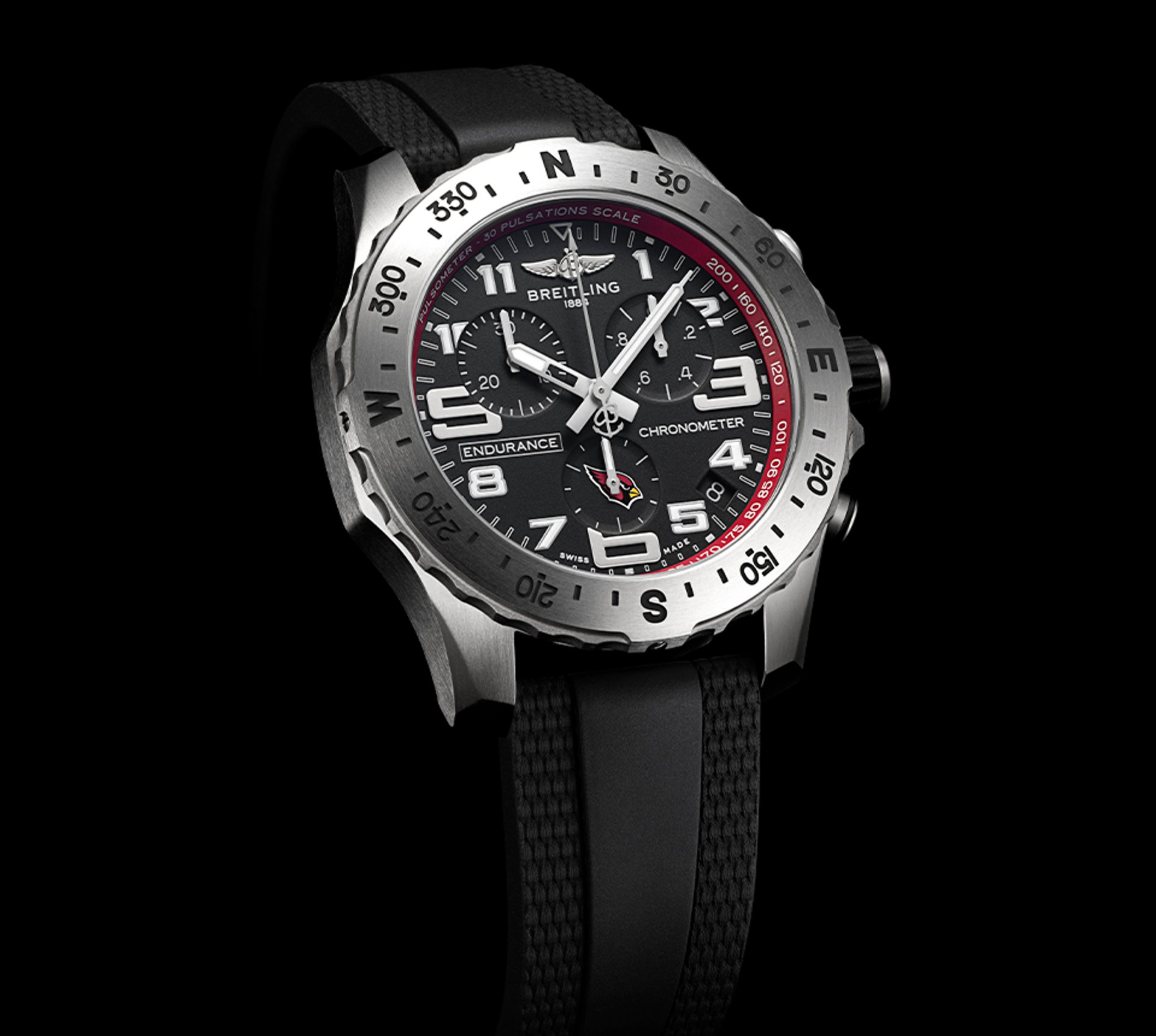 {generated} Breitling Endurance watch with black dial, Cardinals logo and bold numerals showcased on a textured black strap.