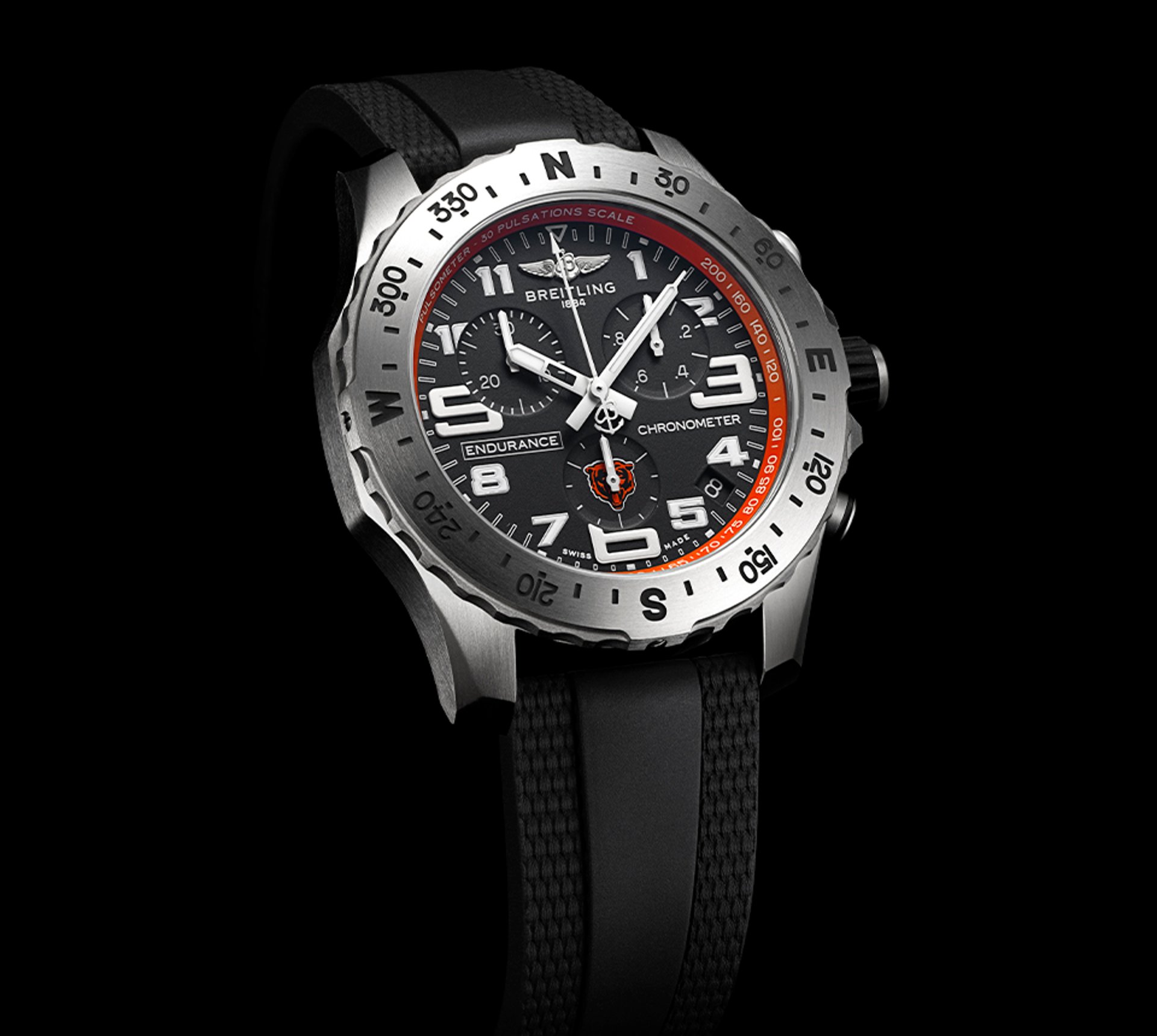 {generated} Breitling Endurance Pro watch with Chicago Bears accents shown in close-up, highlighting its bold dial and sport strap