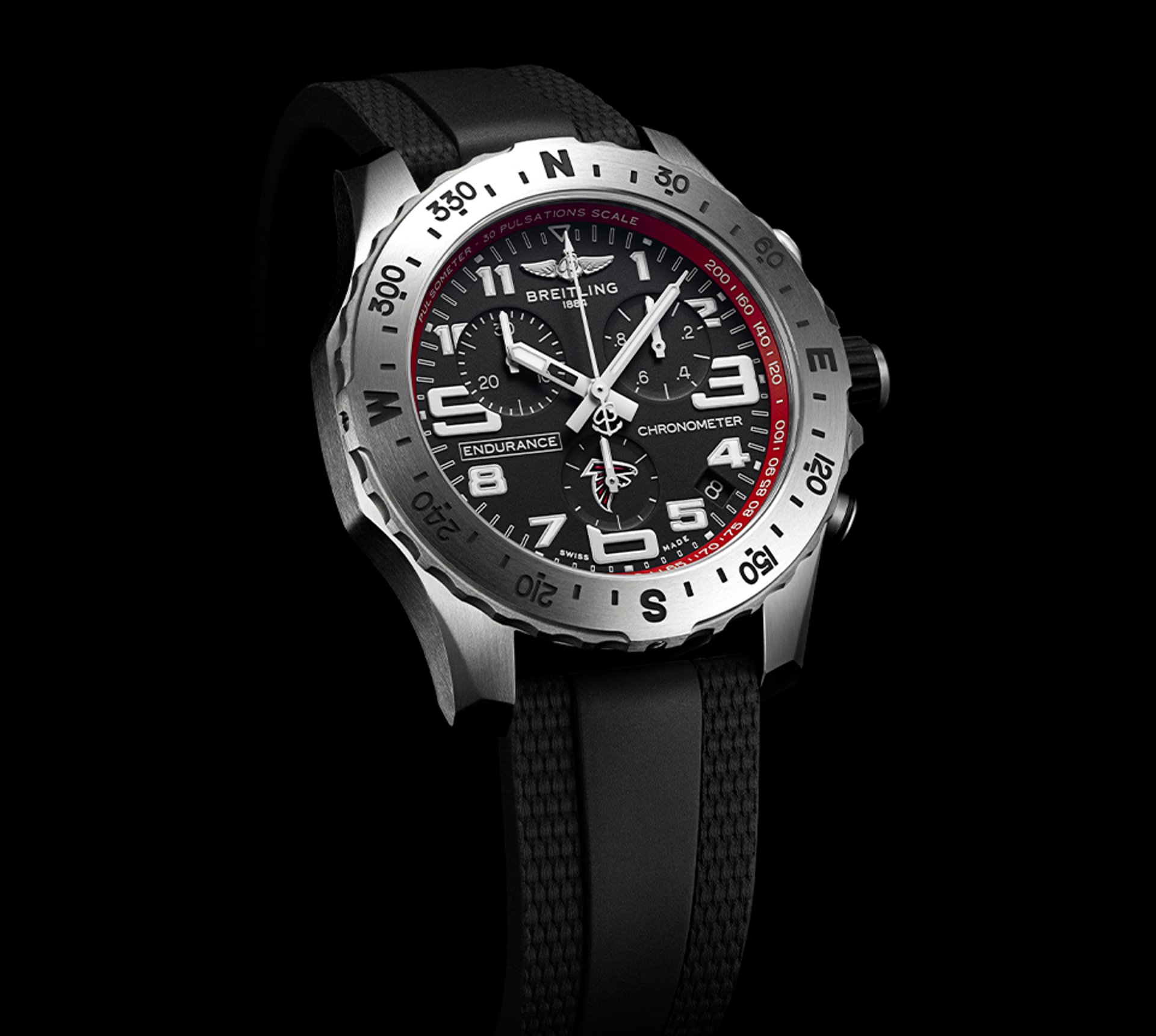 {generated} Breitling Endurance Pro Atlanta Falcons edition with black dial, red accents, and sport strap shown in close detail