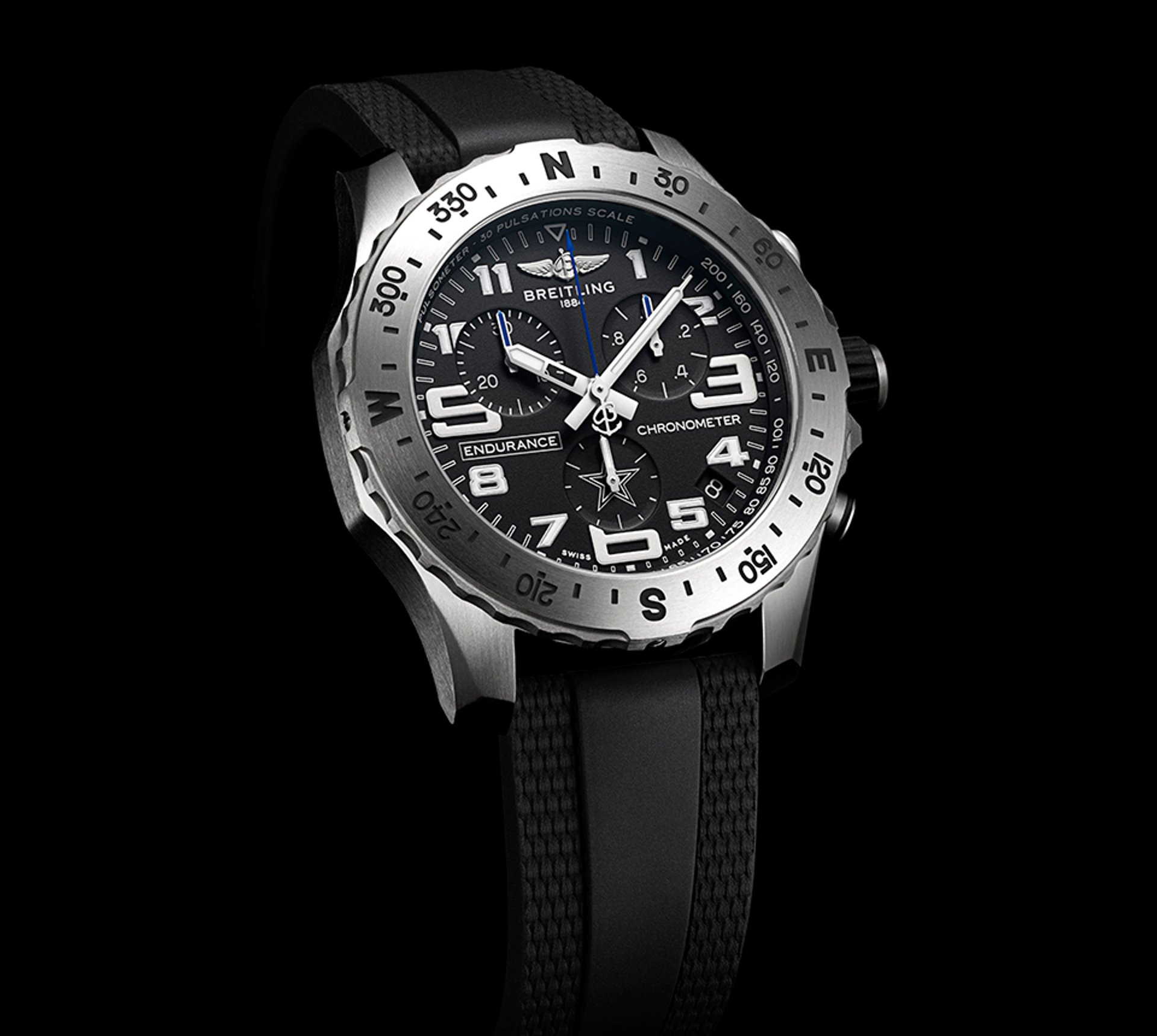 {generated} Breitling Endurance Pro Dallas Cowboys edition shown with black dial, bold numerals and star detail on a black strap