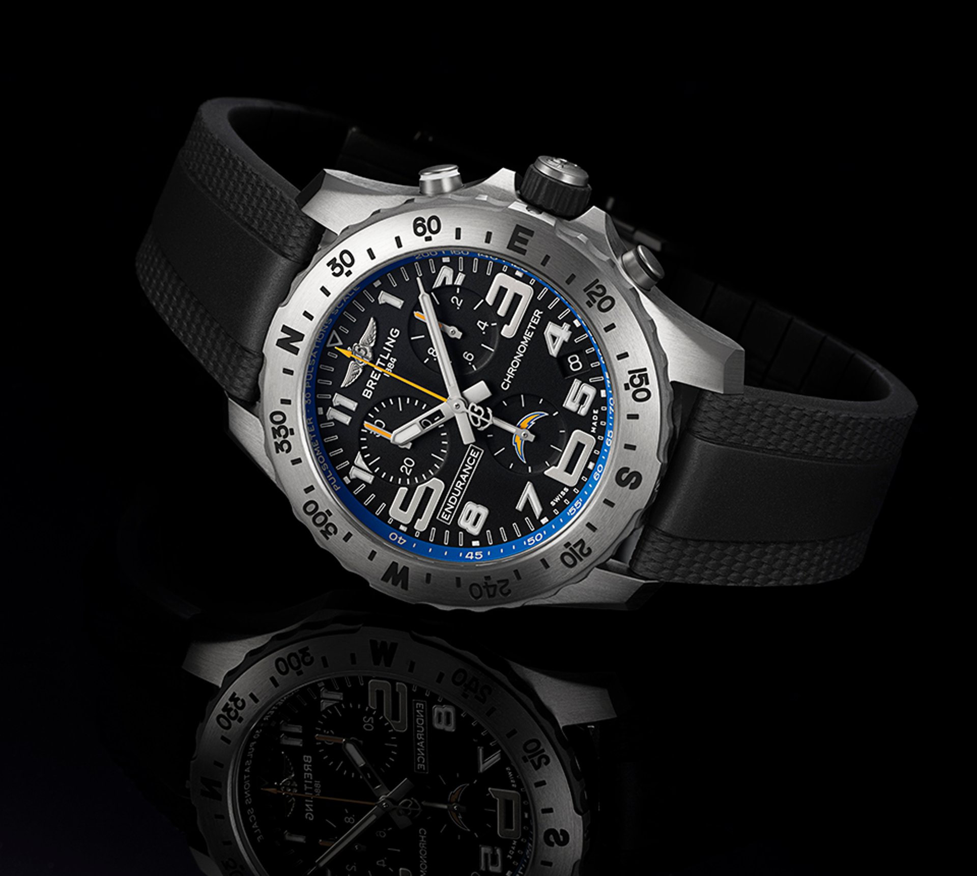 {generated} Breitling Endurance Pro watch with black dial, blue details and a sporty strap shown on a dark backdrop for Chargers fans