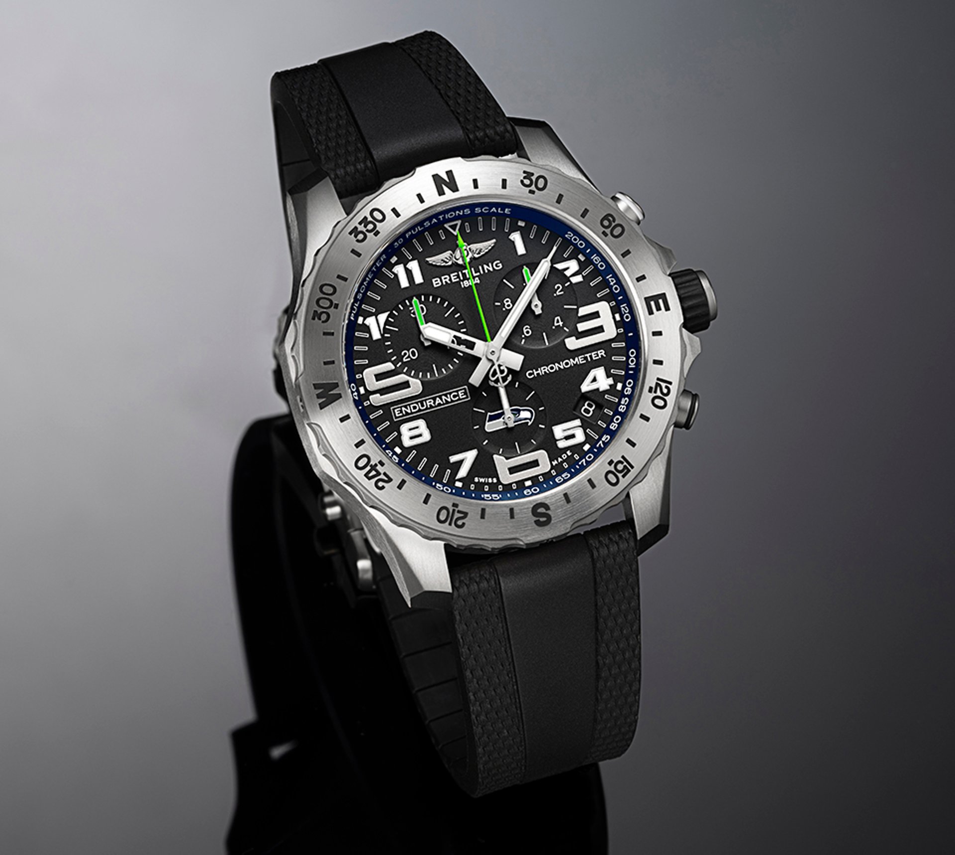 {generated} Breitling Endurance Pro in Seattle Seahawks colors, highlighting a black dial, bold numerals and a rugged black strap.