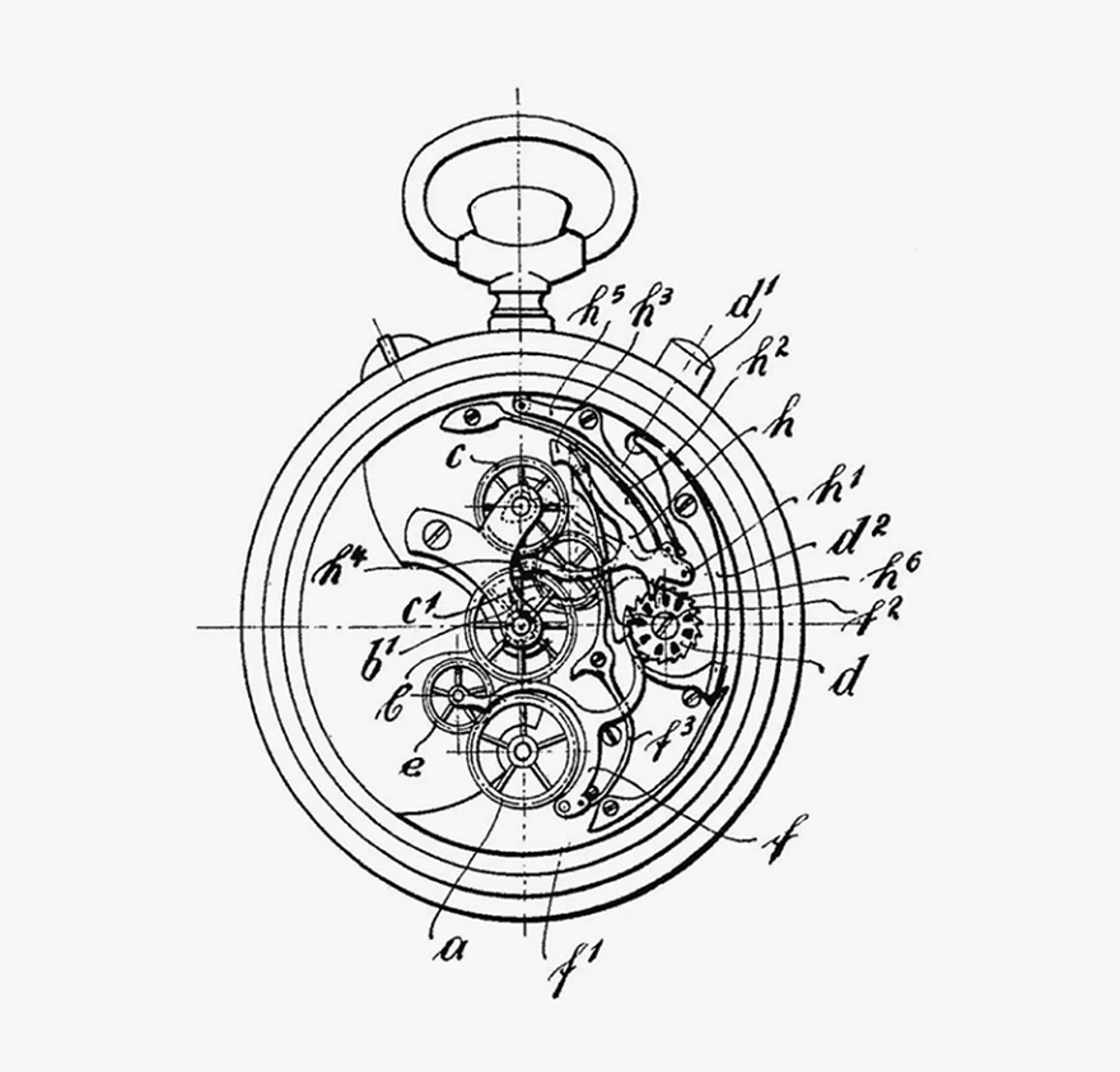 {generated} Historic Breitling chronograph sketch detailing intricate pocket‑watch mechanics and annotated components in classic 1923 style