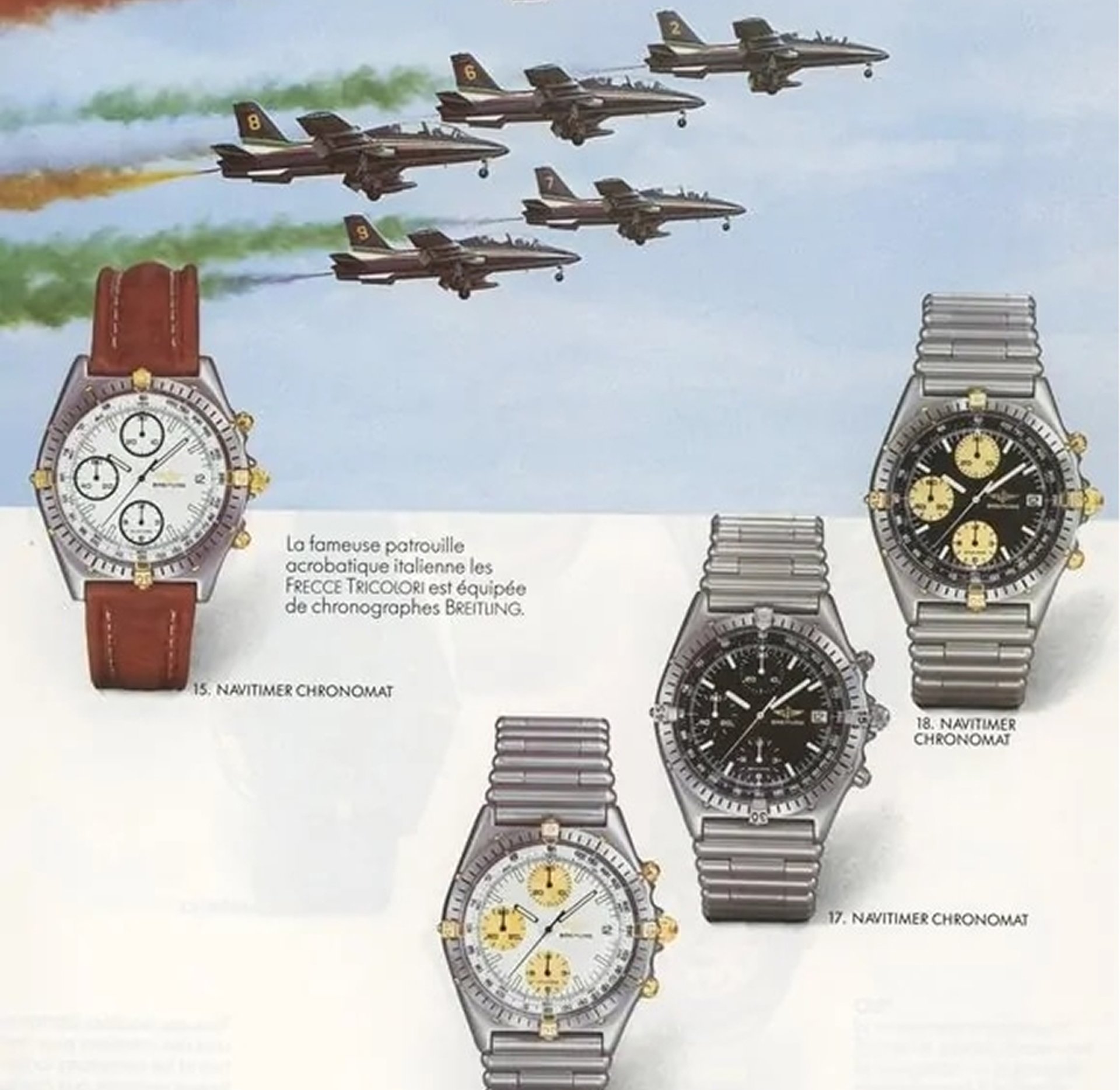 {generated} Visuel vintage de 1984 présentant des Breitling Navitimer Chronomat sous des jets acrobatiques soulignant la précision