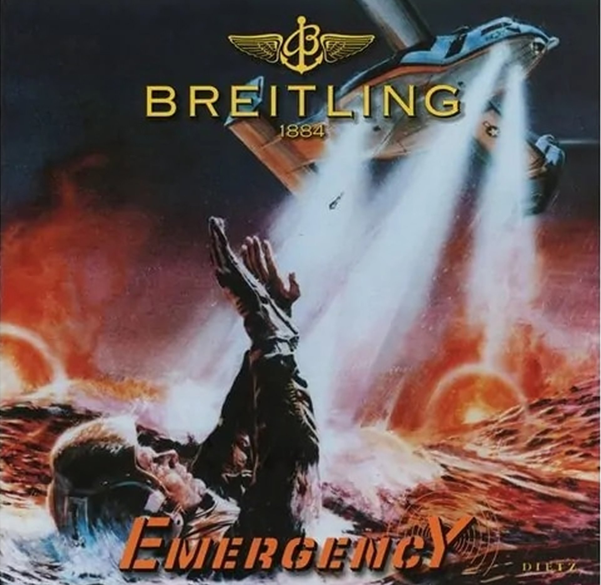 {generated} 海上飛行員在探照燈下等待救援的戲劇場景,凸顯Breitling元素與Emergency系列的傳承。