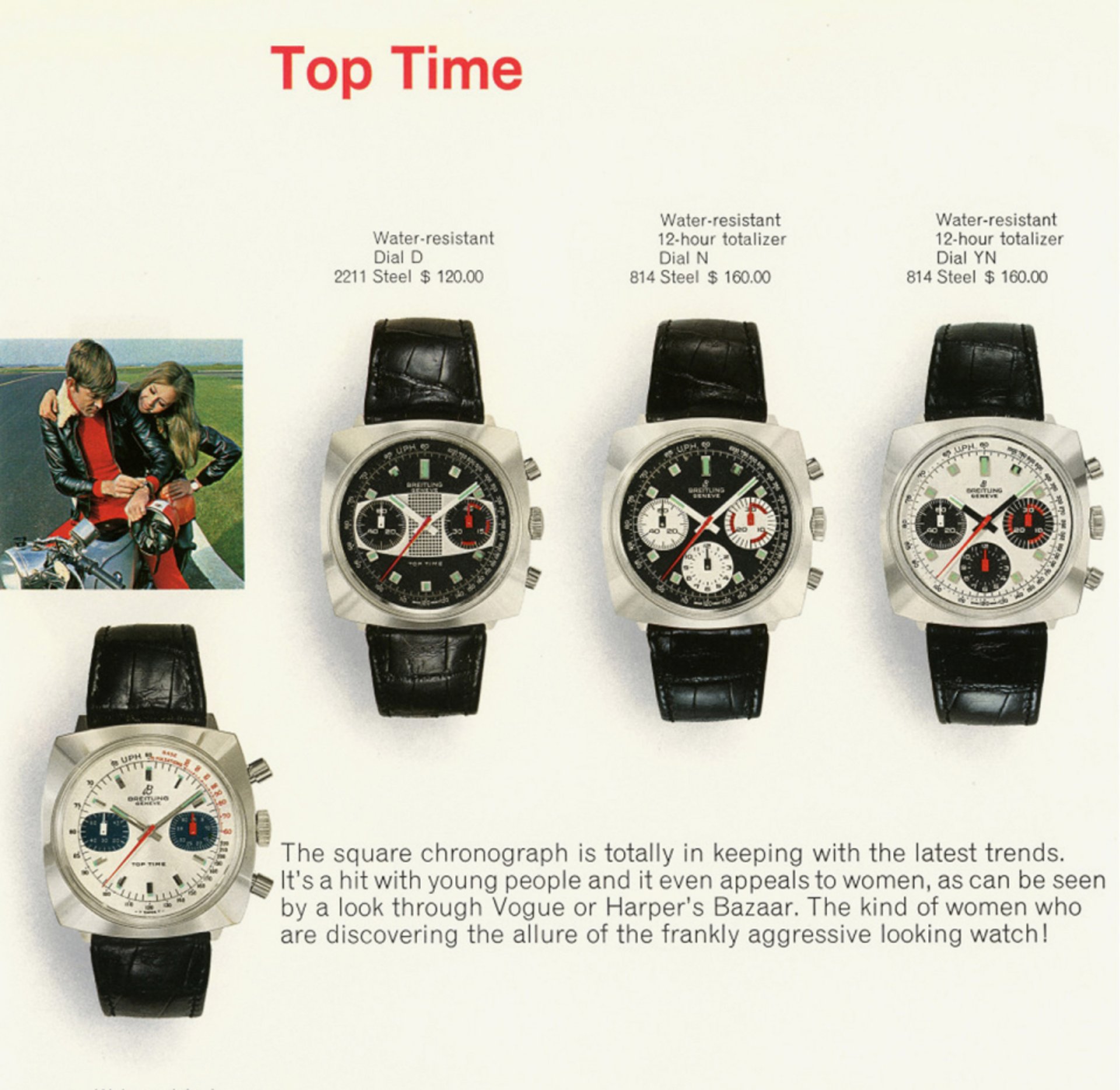 {generated} 復古型錄展示具異國風表盤的Breitling Top Time錶款,並附有強調其潮流魅力的文字。