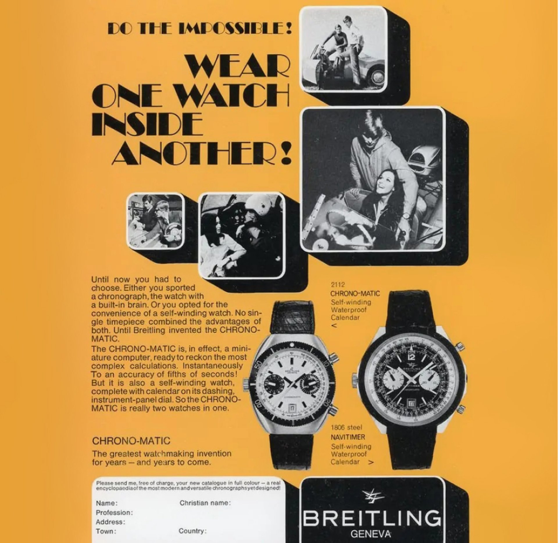 {generated} Vintage ad highlighting Breitling’s first automatic Navitimer with detailed chronograph imagery and bold promotional text.