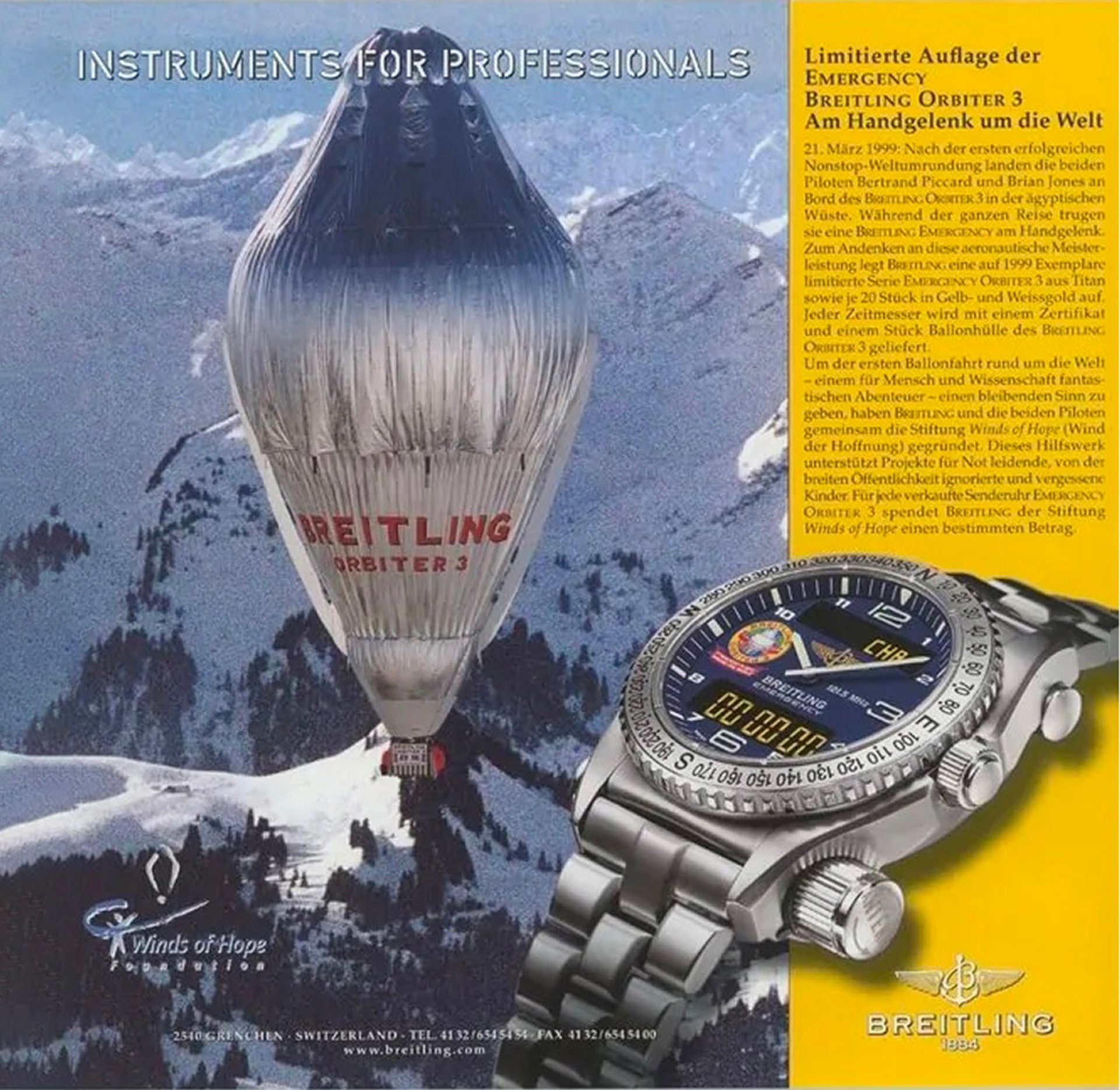 {generated} Breitling Orbiter 3氣球飛越雪山，Breitling Emergency Orbiter 3腕錶展示於醒目文字旁