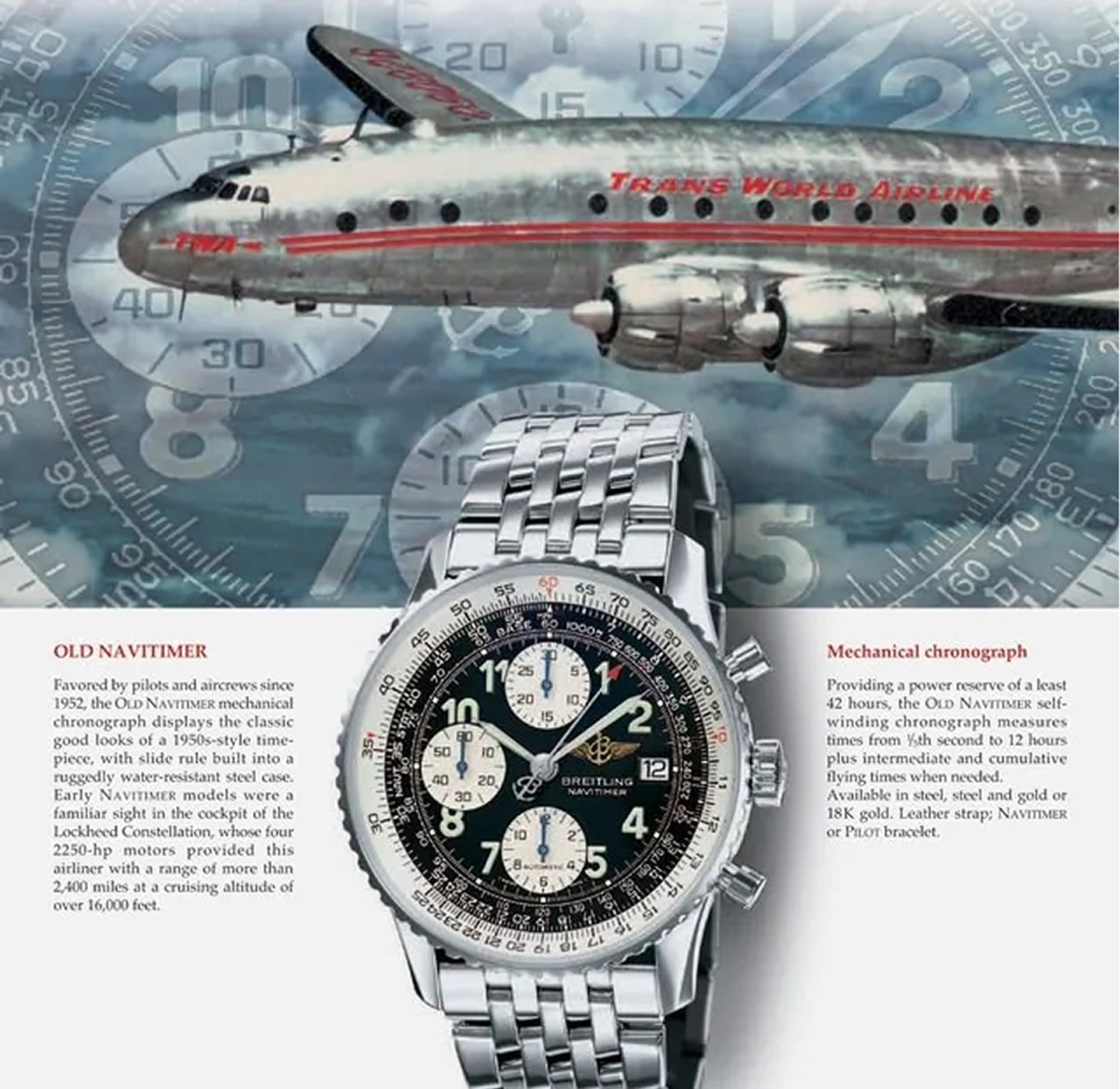 {generated} 復古飛機背景襯托鋼製Breitling Navitimer，凸顯其航空靈感計時設計。
