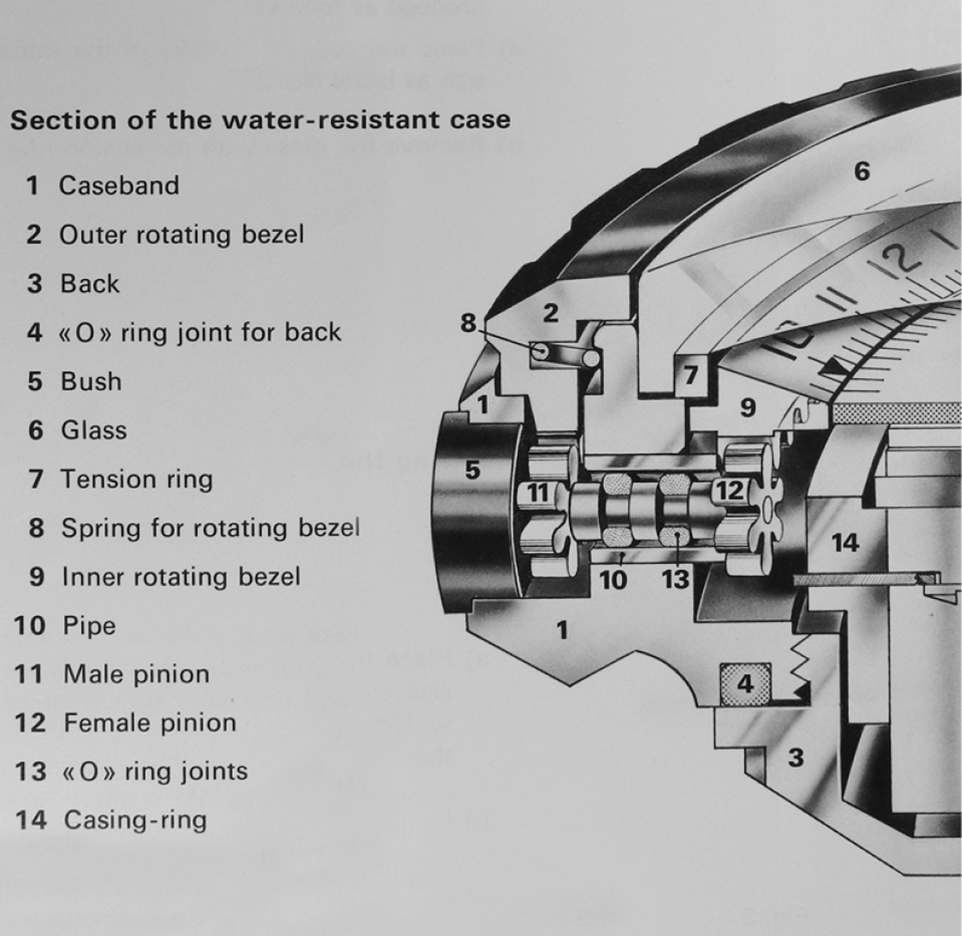 {generated} Sezione del corpo automatico Breitling Superocean con componenti etichettati che mostrano la struttura resistente all’acqua.