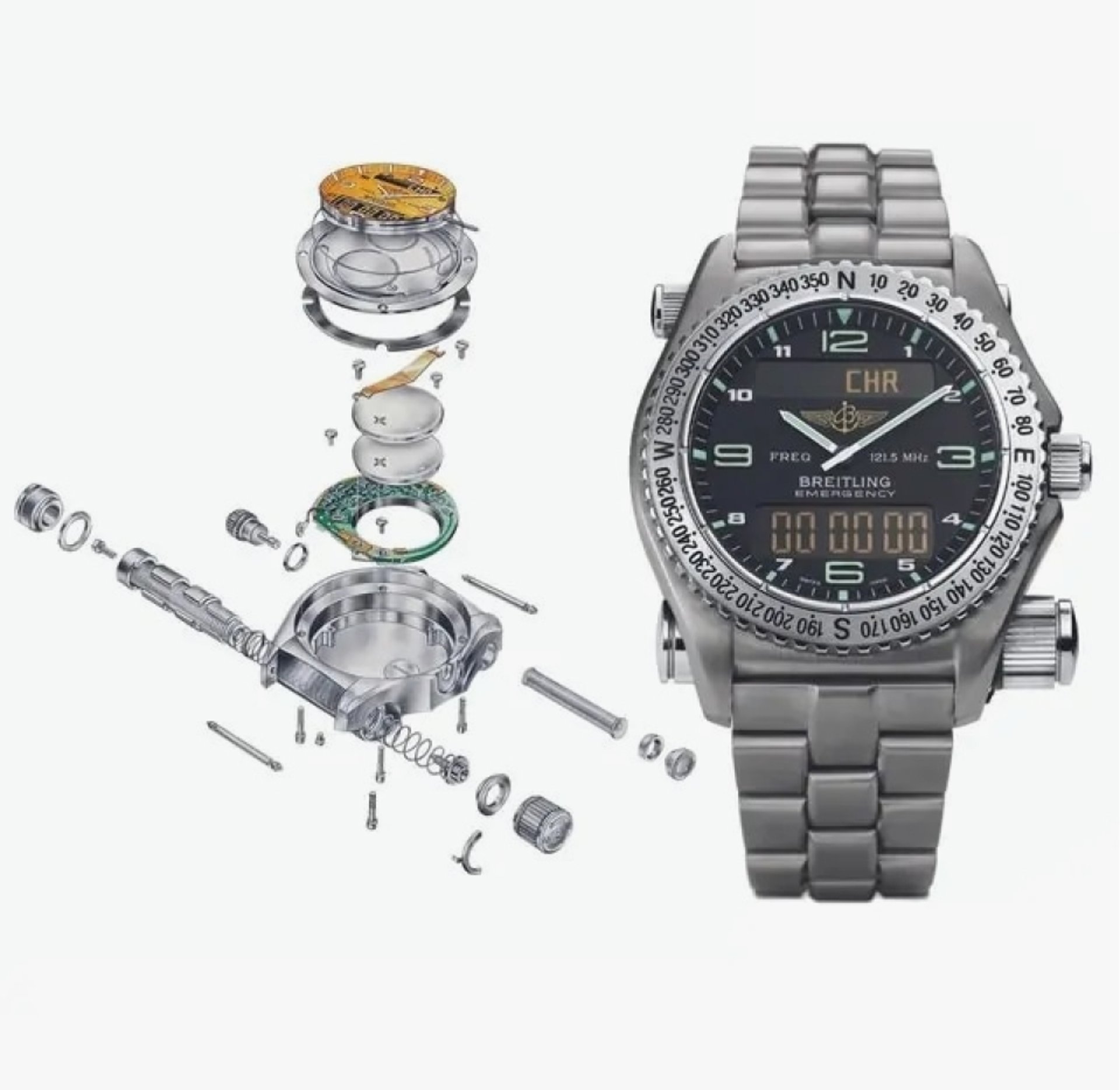 {generated} Breitling Emergency鋼製腕錶與展示精密內部結構的爆炸分解圖並列呈現