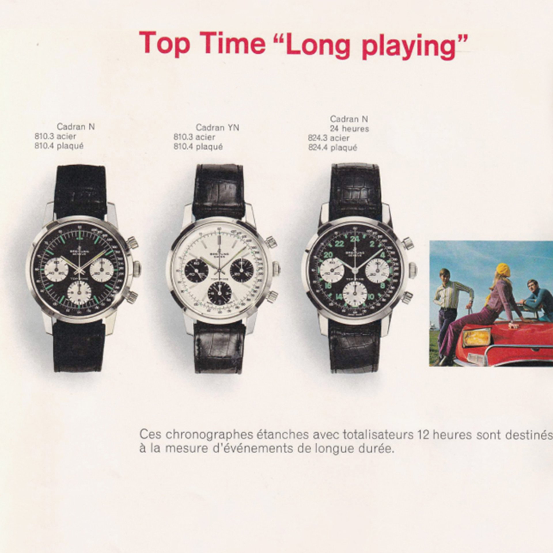 {generated} 三款配黑色皮錶帶的Breitling Top Time Long Playing腕錶陳列於一幅小型復古生活場景旁