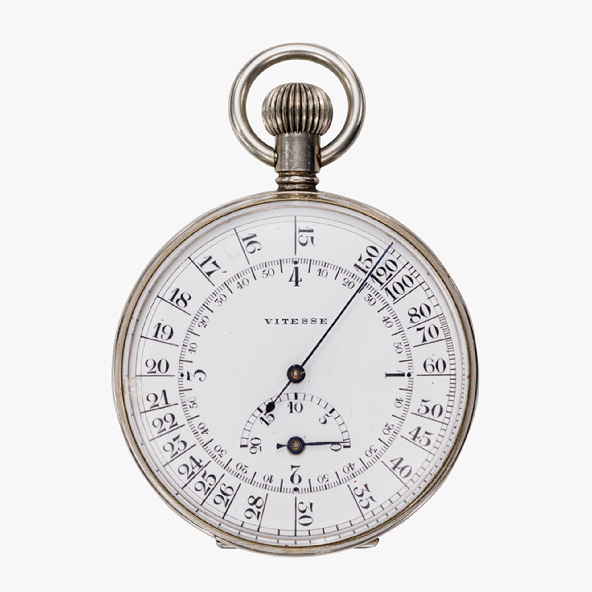 {generated} Historic Breitling 1907 pocket chronograph featuring a white dial, ornate crown and precisely rendered measurement scales.