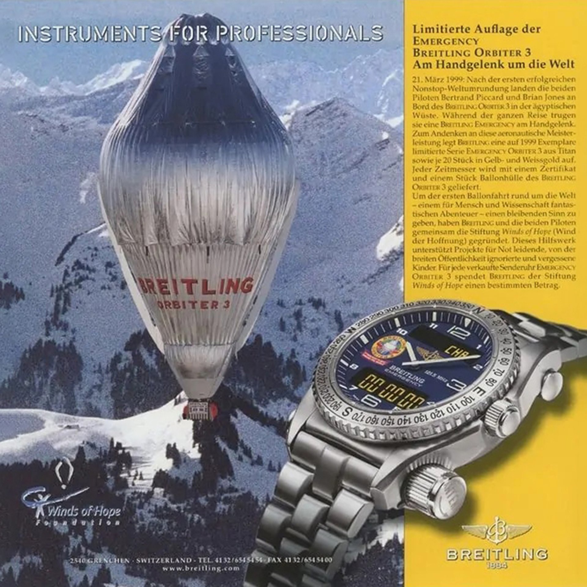 {generated} Breitling Orbiter 3 熱氣球掠過雪峰，與紀念歷史飛行的 Breitling Emergency 1999 腕錶同時呈現