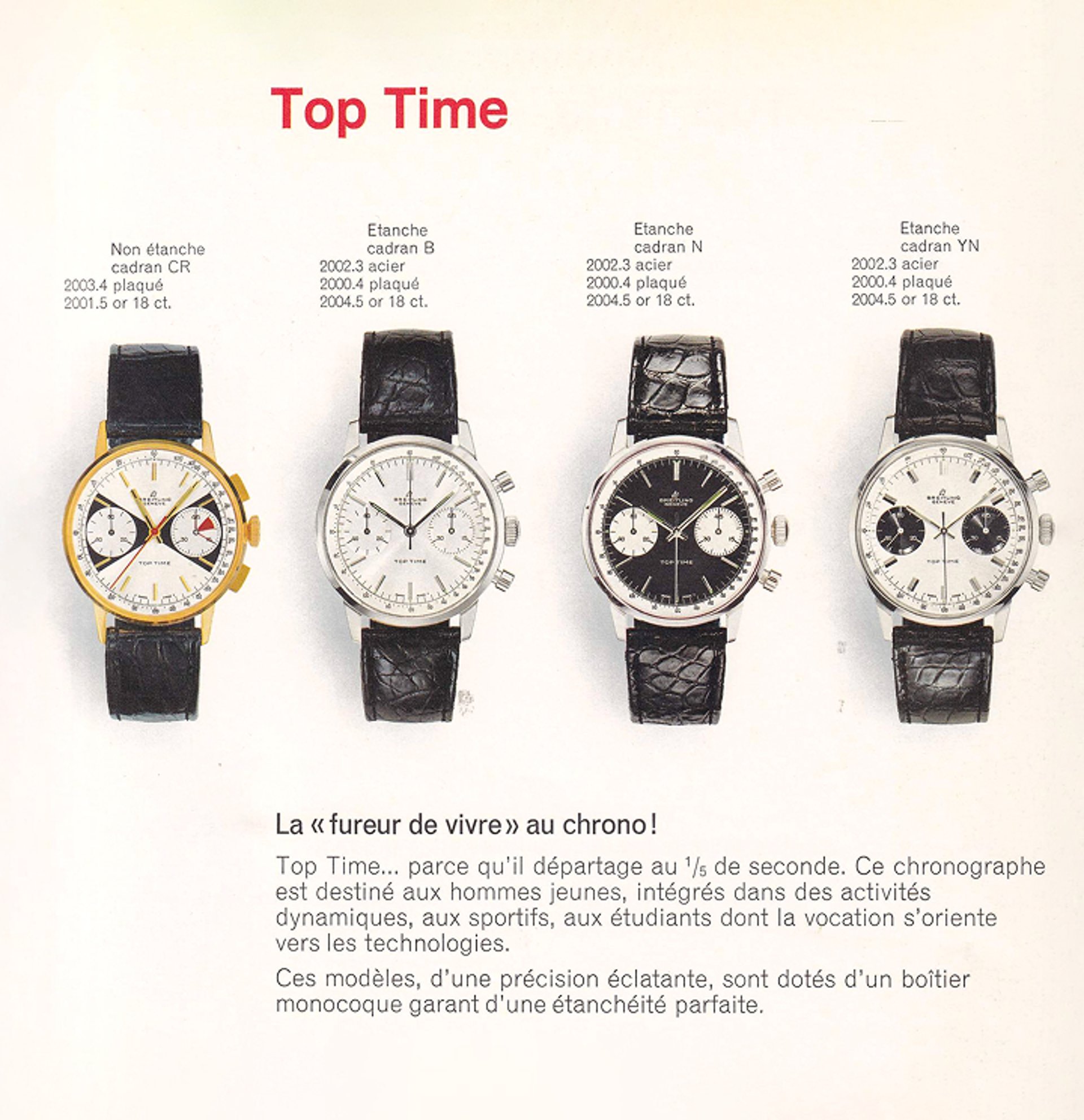 {generated} 復古Breitling Top Time系列呈現四款具不同錶盤與皮錶帶的計時碼錶,以型錄風格排列展示