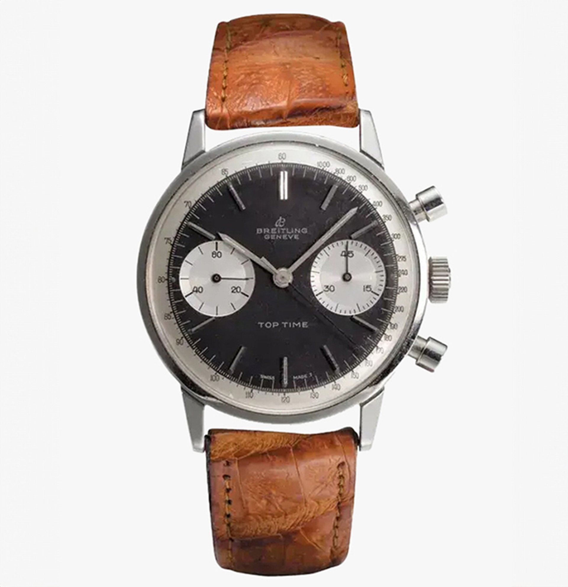 {generated} 復古Breitling Top Time腕錶,黑色錶盤搭配雙銀色小錶盤與棕色皮革錶帶,展現經典風格
