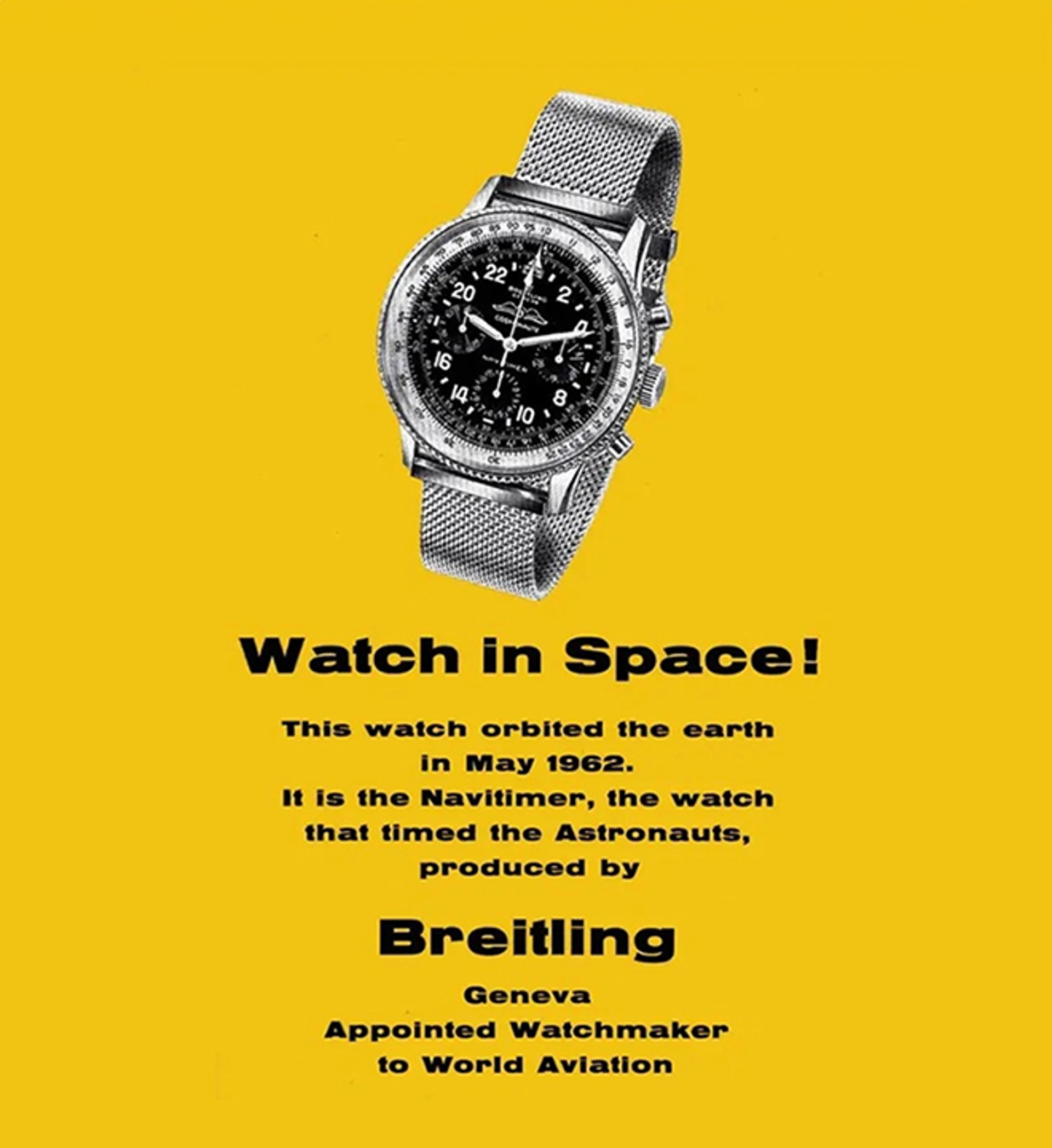 {generated} Vintage ad presenting the Breitling Navitimer 1962 with a black dial and mesh strap, marking its celebrated space mission.