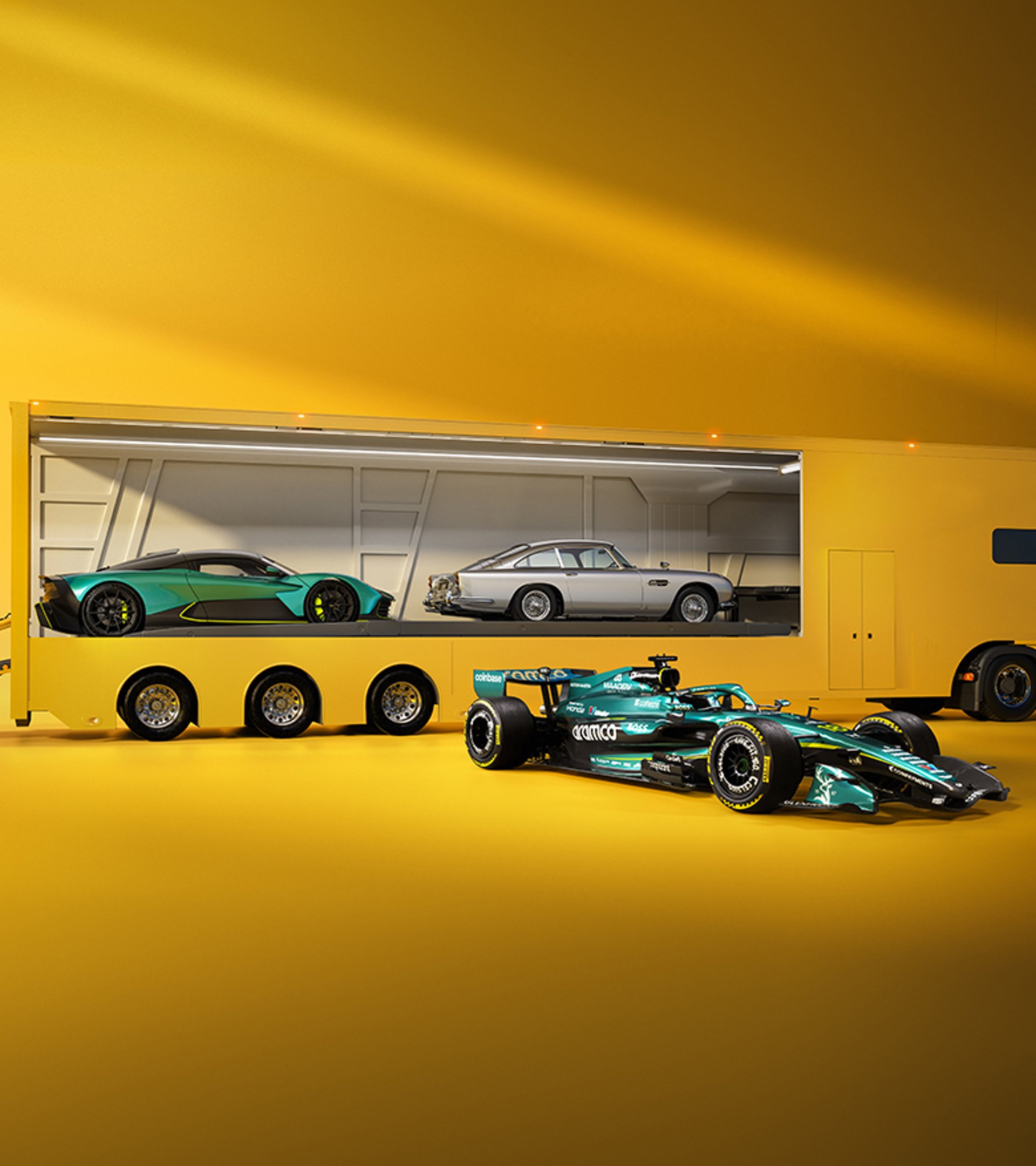 {generated} Sleek dark grey Aston Martin sports car highlighted in a studio setting, emphasising its sculpted lines and dynamic stance