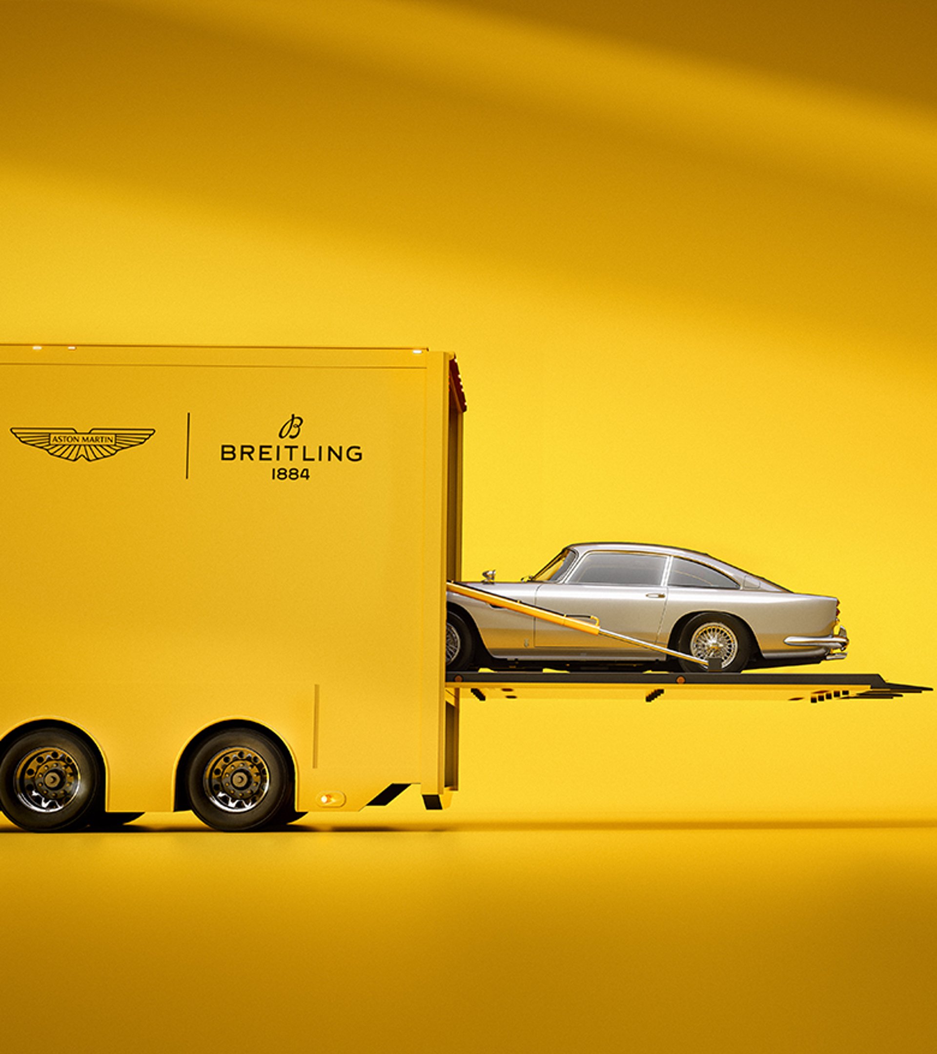 {generated} 灰色優雅的Aston Martin置於深色棚景中，展現與Breitling的精緻合作