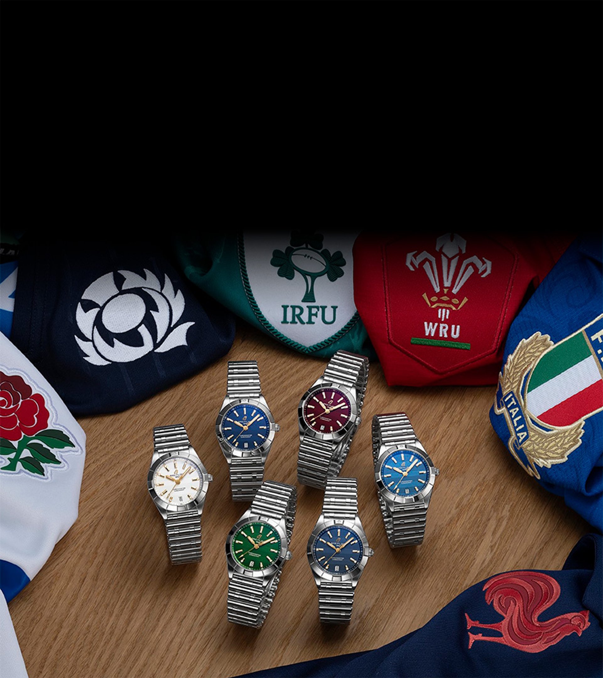 {generated} Rugby union team crests from the Six Nations displayed on colourful fabric folds against a wooden surface