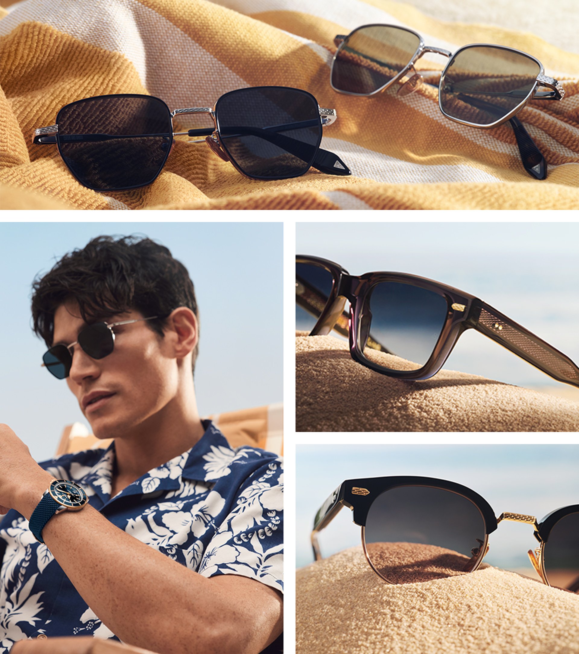 {generated} Breitling Superocean Heritage watch worn by a man beside Breitling sunglasses displayed on sand in bright coastal light