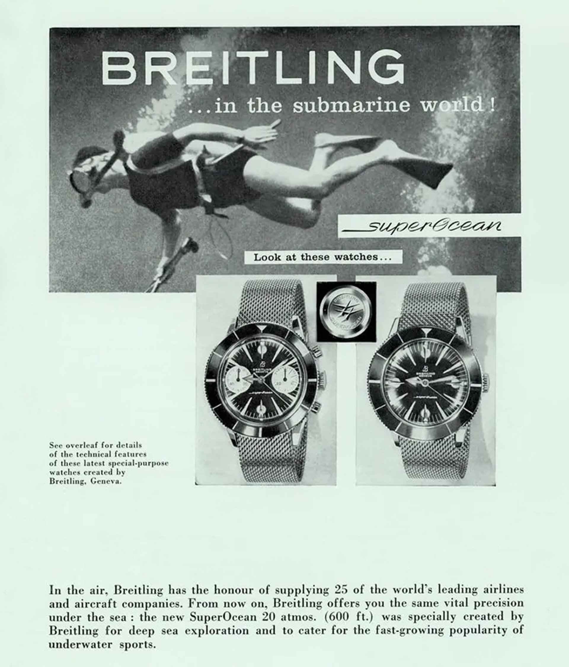 {generated} Vintage scene featuring a diver above two showcased Breitling SuperOcean watches highlighting underwater capability