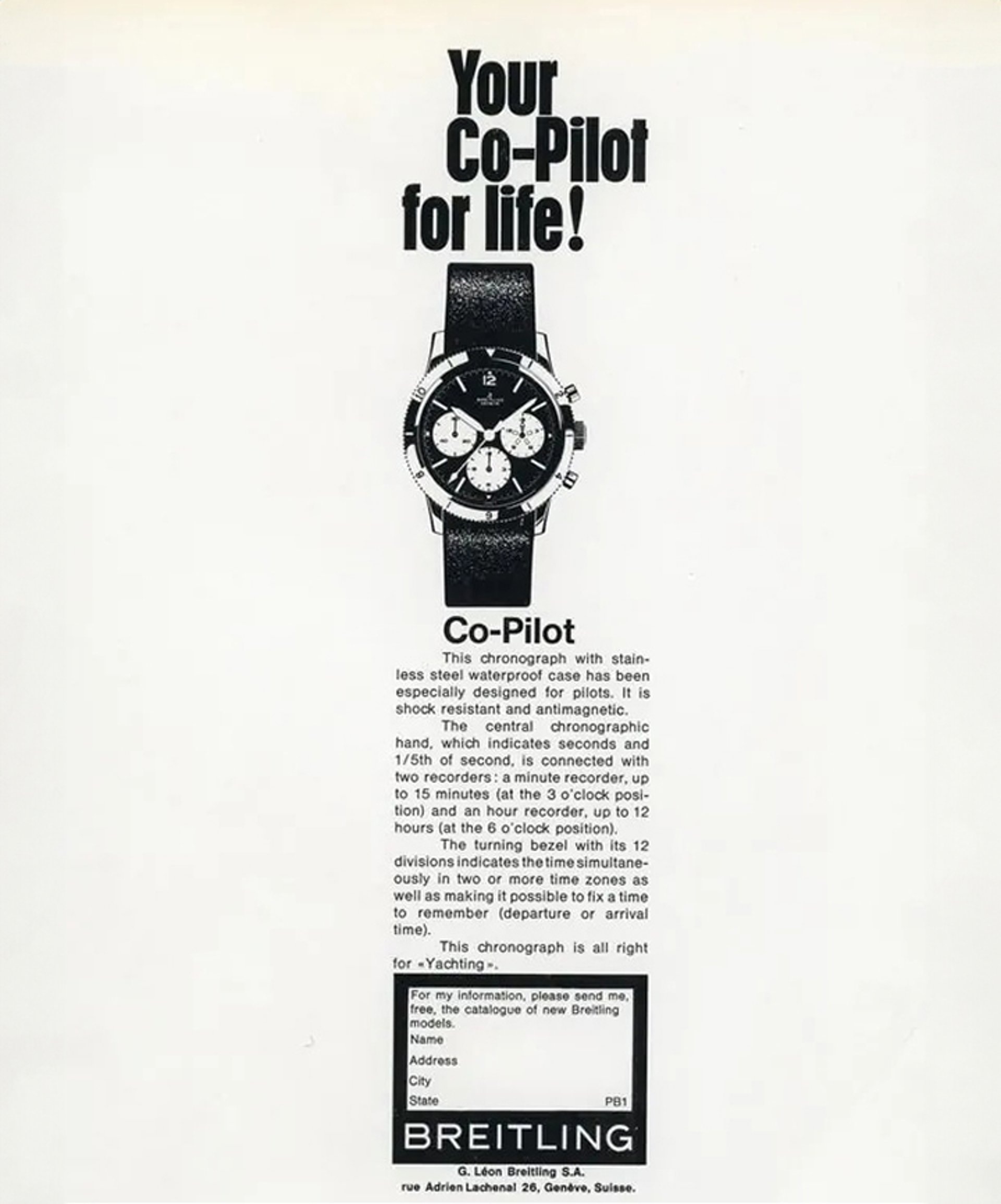 {generated} Vintage ad showcasing the Breitling Co-Pilot Reverse Panda watch with clean typography emphasizing its aviation spirit.