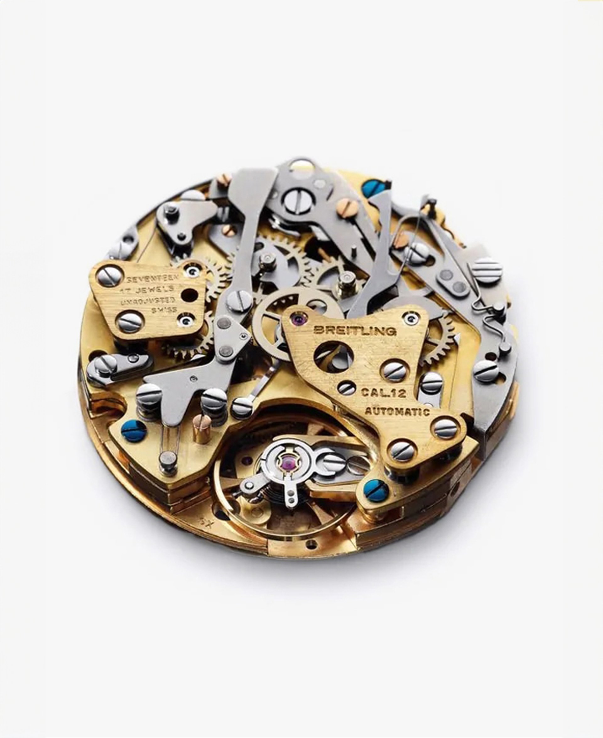 {generated} Breitling Calibre 12 automatic movement from 1969 shown in detailed view of its gold‑toned gears and intricate mechanics