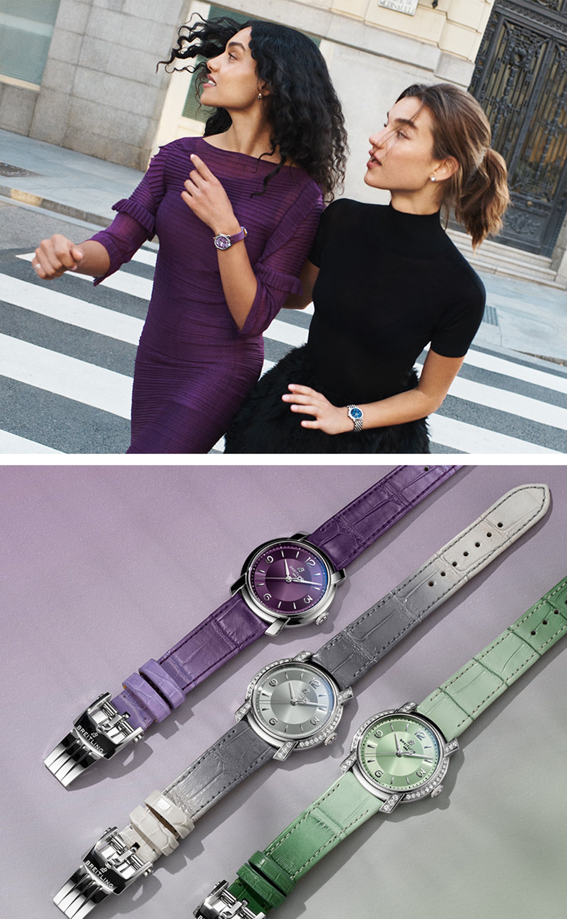 {generated} Two women walking through city streets wearing Breitling Lady Premier watches, shown with colourful strap options below.