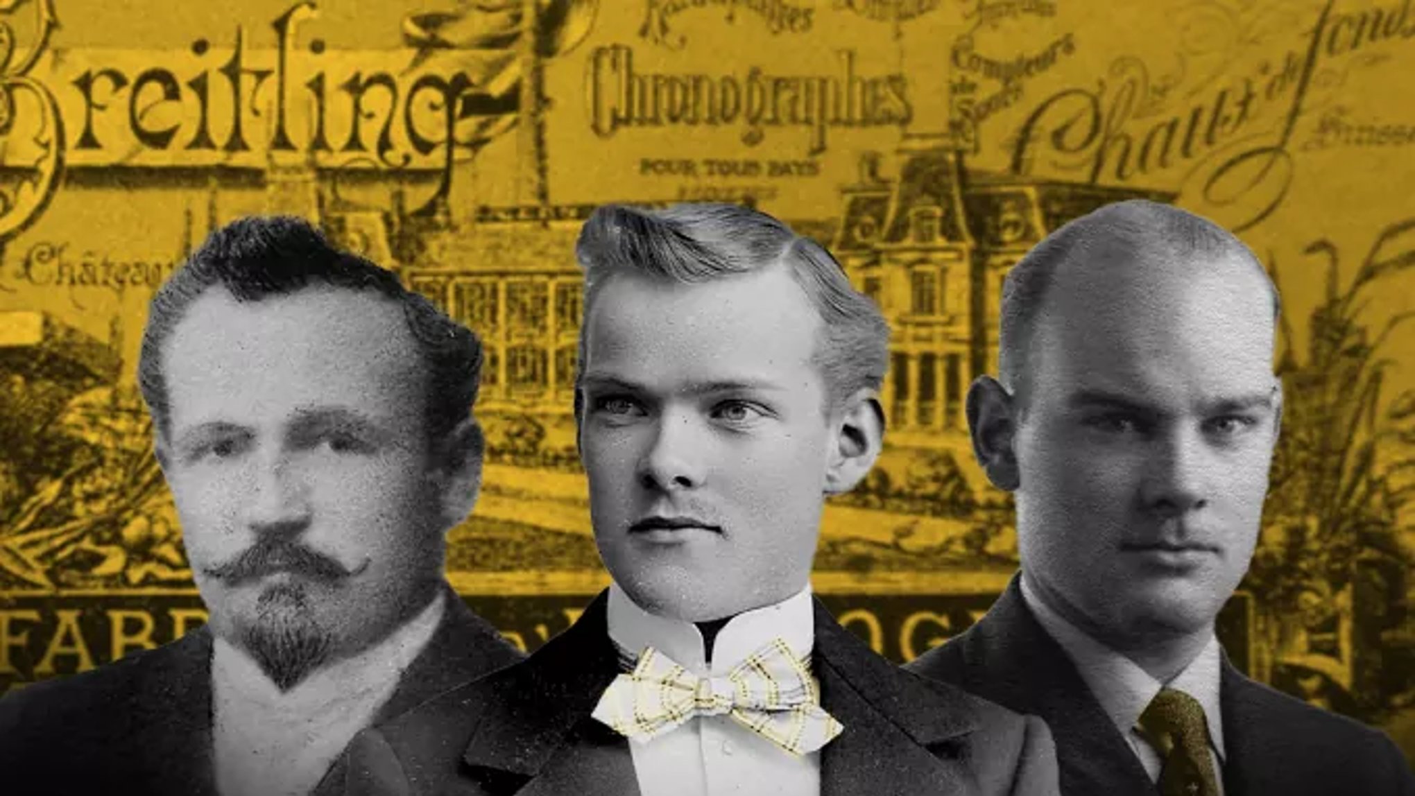 {generated} Vintage portrait trio with blurred faces set against a historic Breitling archive backdrop evoking the brand’s heritage.