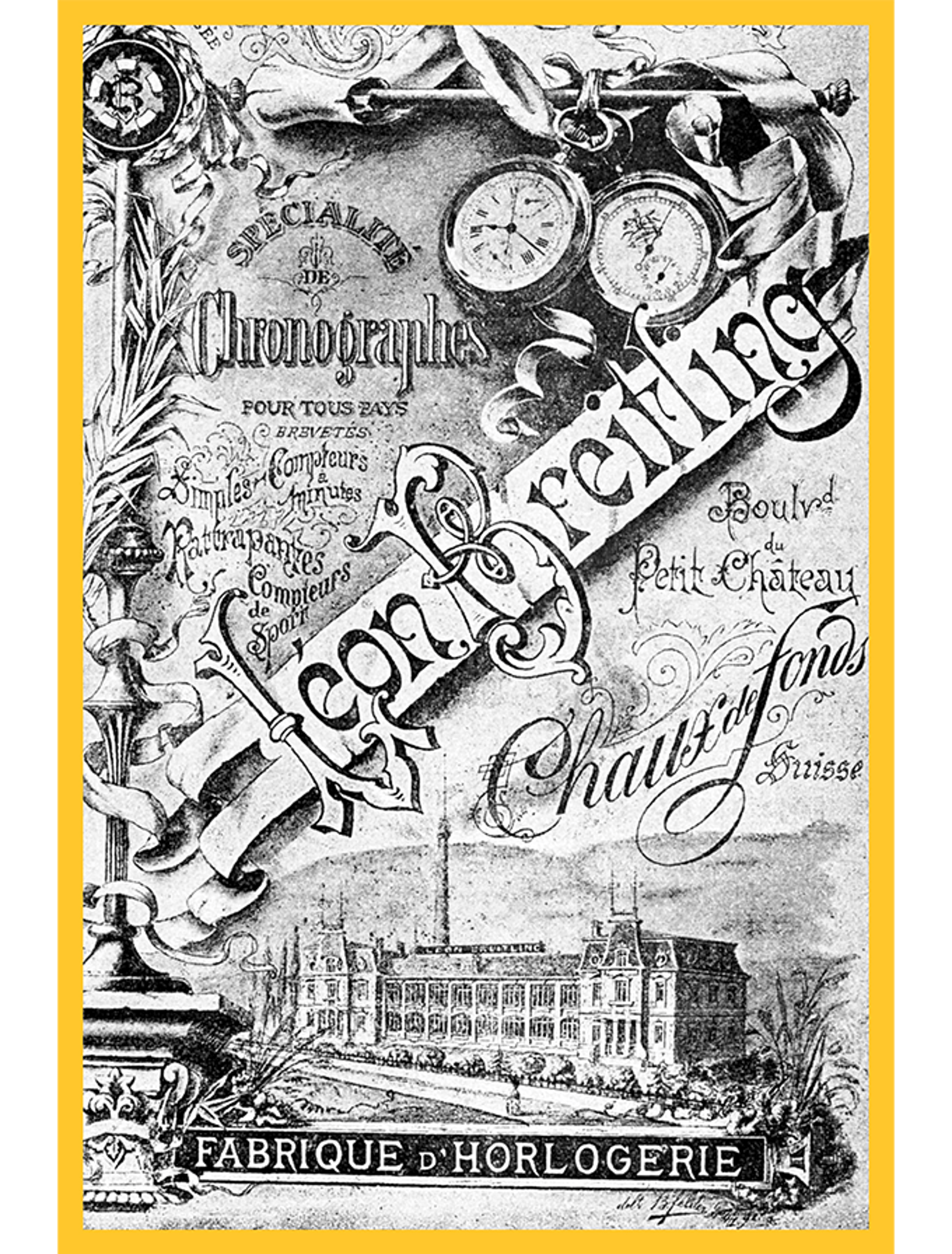 {generated} Vintage Breitling illustration showing Léon Breitling’s chronograph legacy with ornate typography and the historic workshop.
