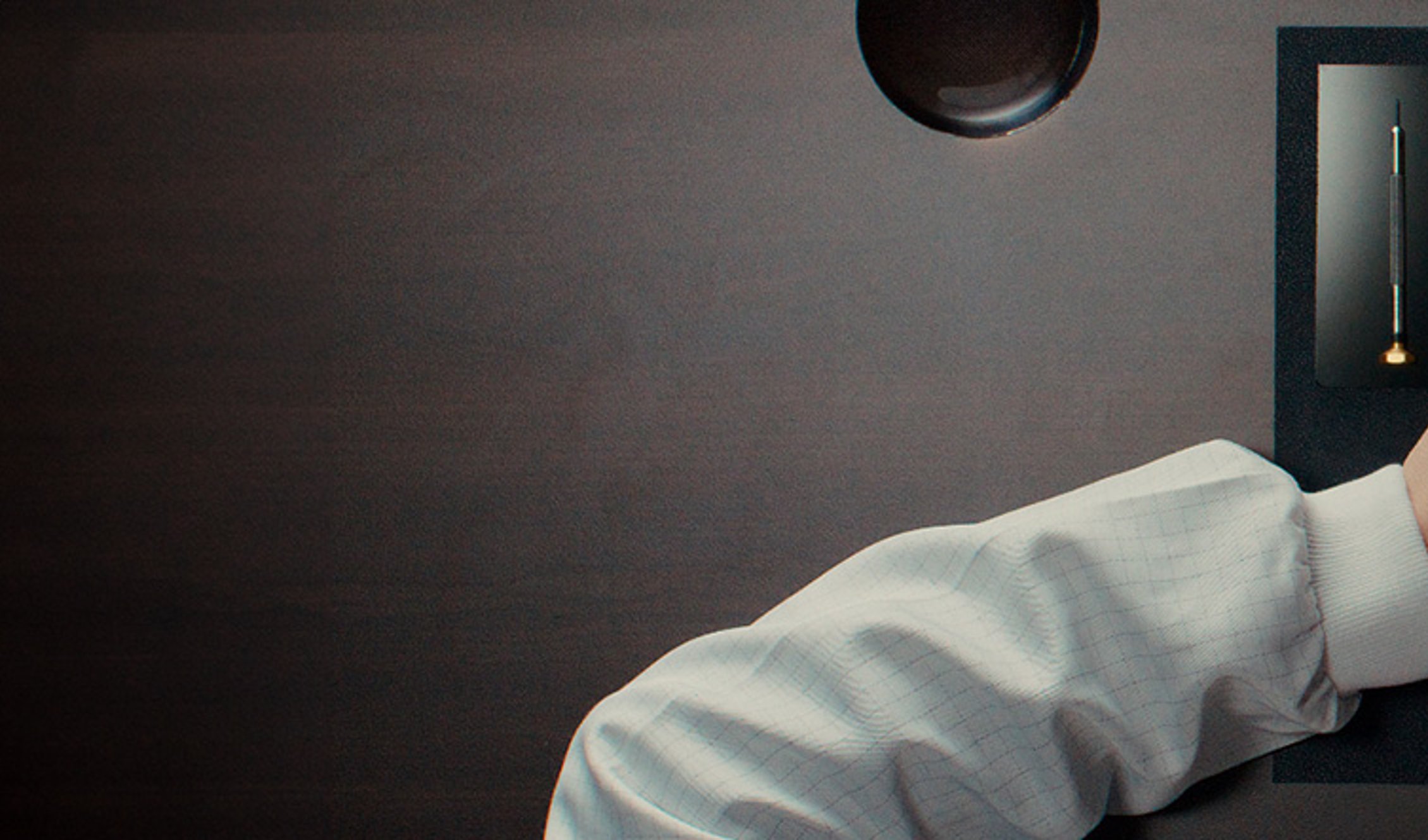 {generated} Hands carefully servicing a Breitling watch movement with precision tools on a dark workbench to highlight expert care