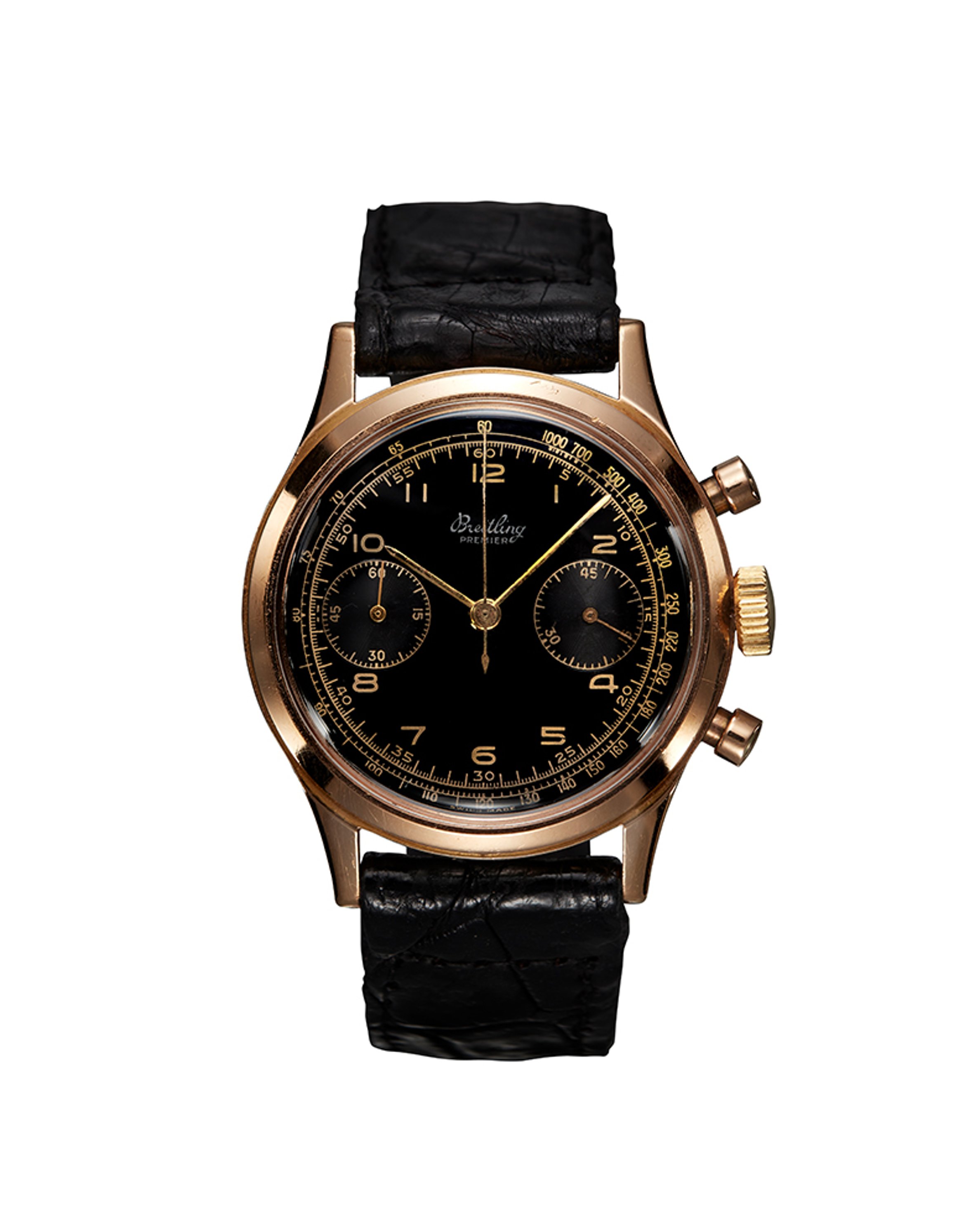 {generated} Breitling Premier ref. 777 Venus 175 with a gold case, black dial and leather strap shown on a simple white background