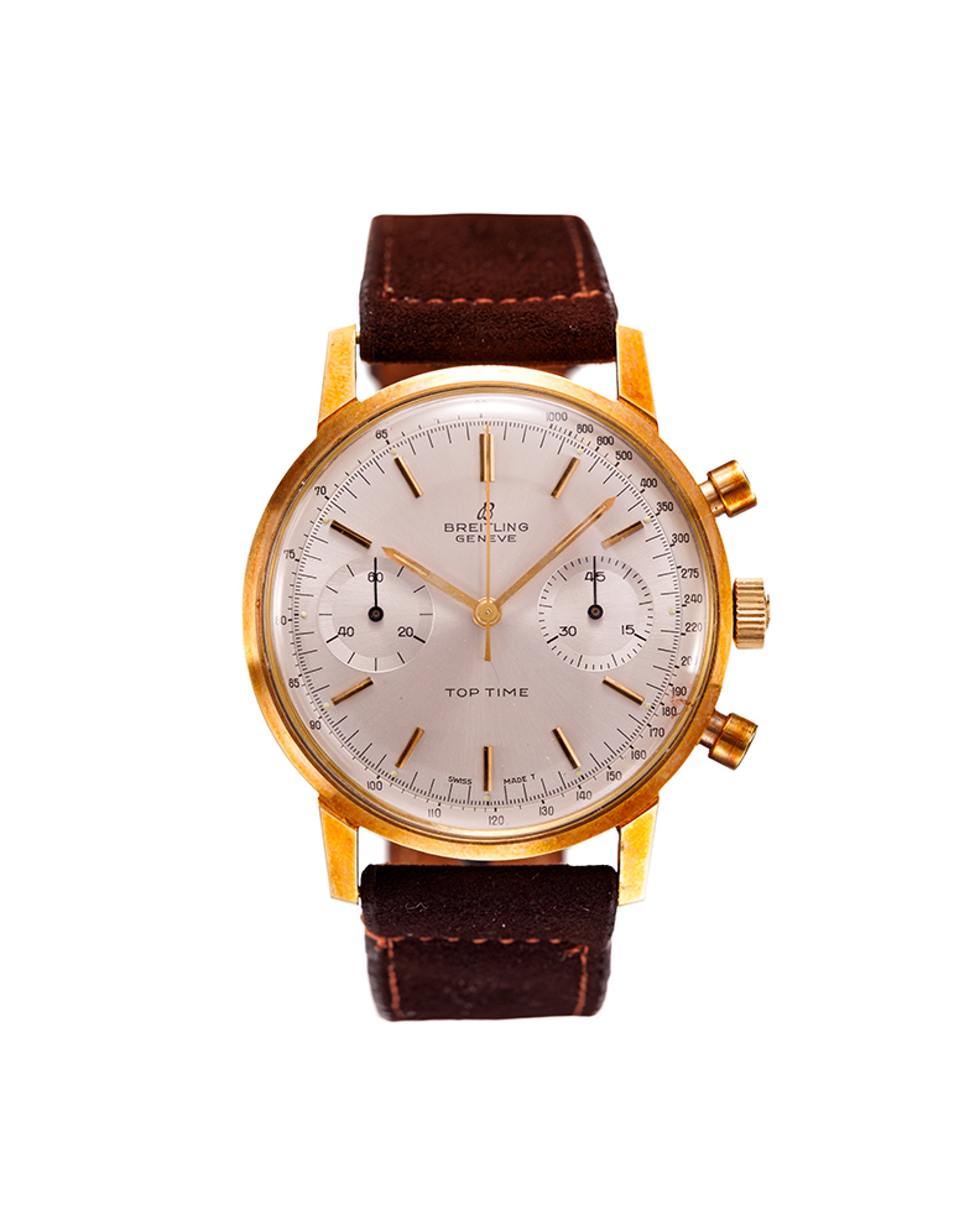 {generated} Breitling Top Time ref.2004 Venus 188,金色錶殼、銀色錶盤、雙小錶盤與棕色皮革錶帶。