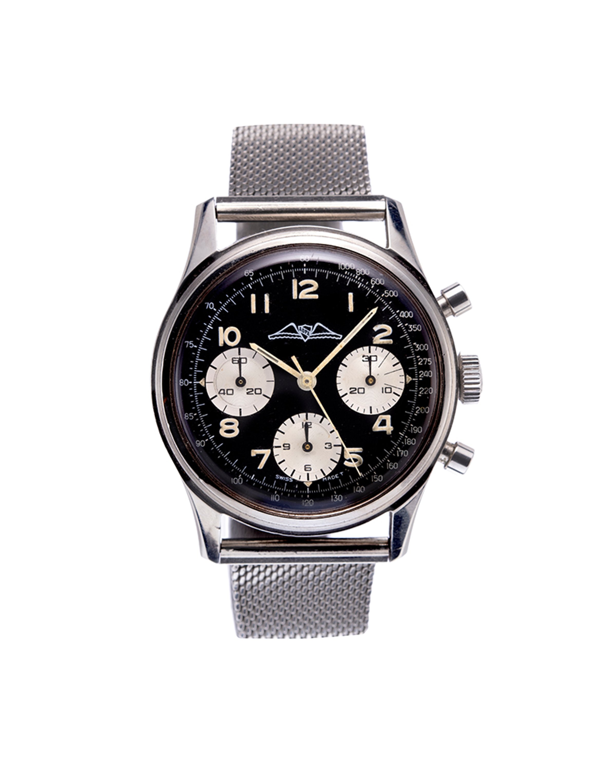 {generated} Breitling Premier AOPA ref.765 watch with black dial, three subdials and a steel mesh strap shown in a clean front view