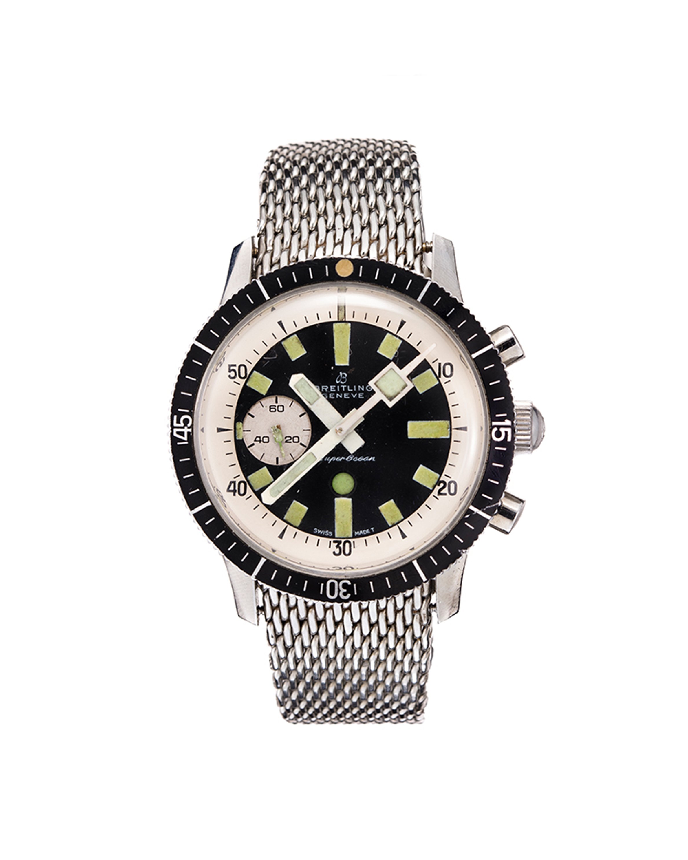 {generated} Breitling SuperOcean Performance Mk2 ref 2005 Valjoux 7731 orologio sub con quadrante nero e bracciale mesh in vista frontale