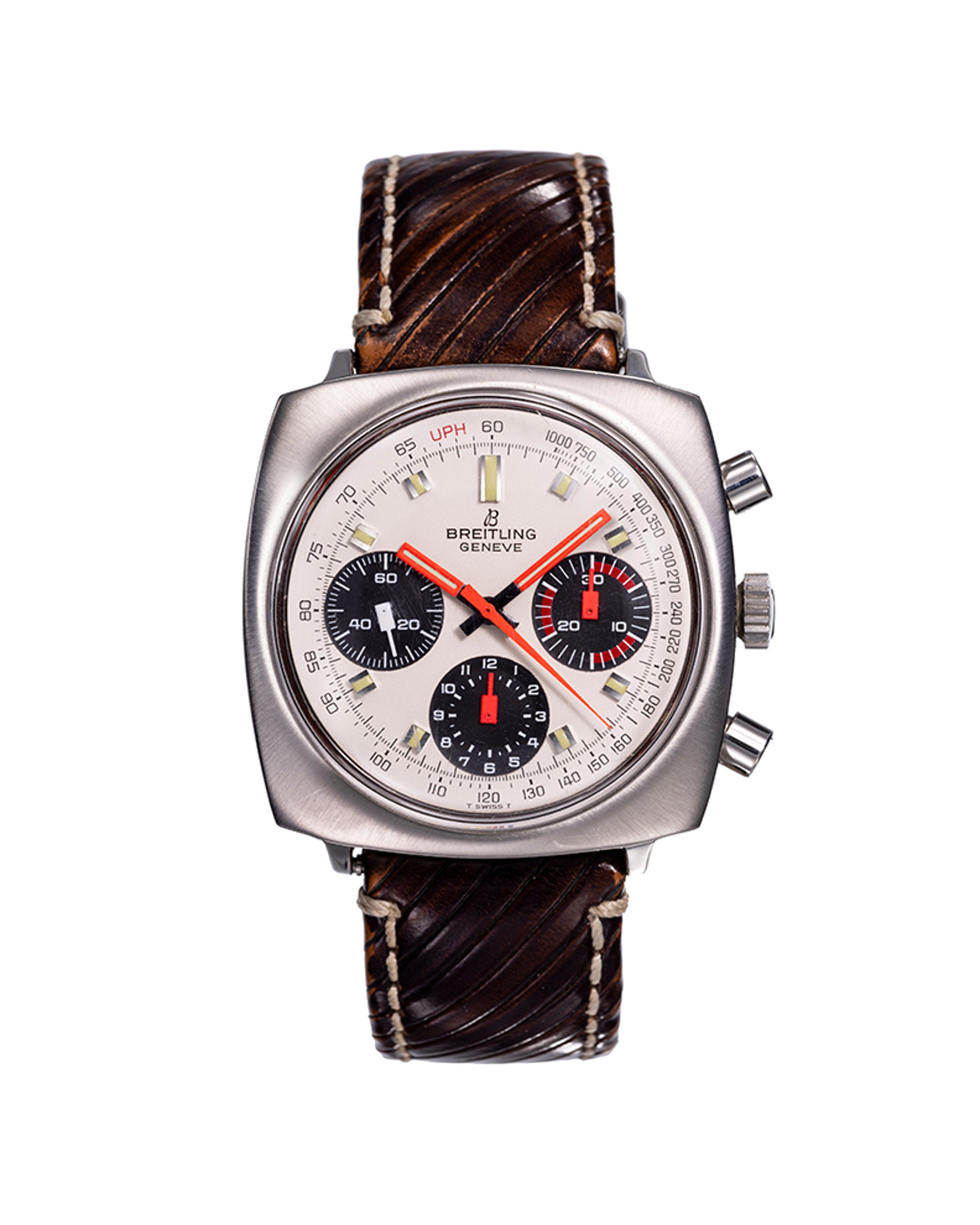 {generated} 復古Breitling Top Time Square ref.814 Venus 178腕錶,方形鋼質錶殼、醒目小錶盤與棕色皮錶帶。