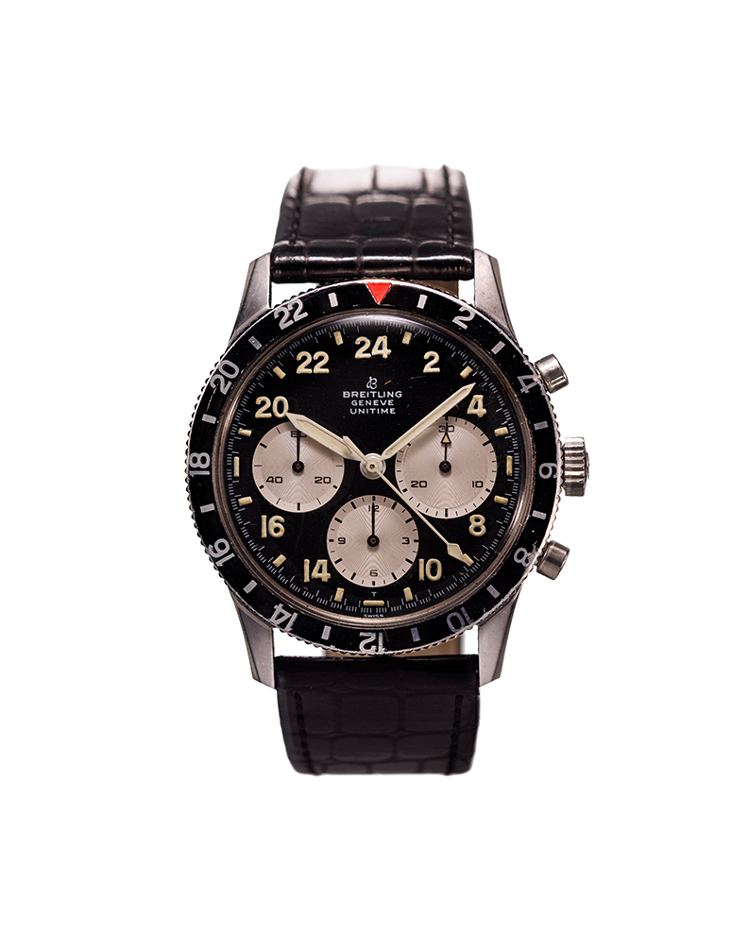 {generated} Breitling Co-Pilot Unitime MK1 shown front-on with black dial, tri-compax layout and a refined black leather strap.