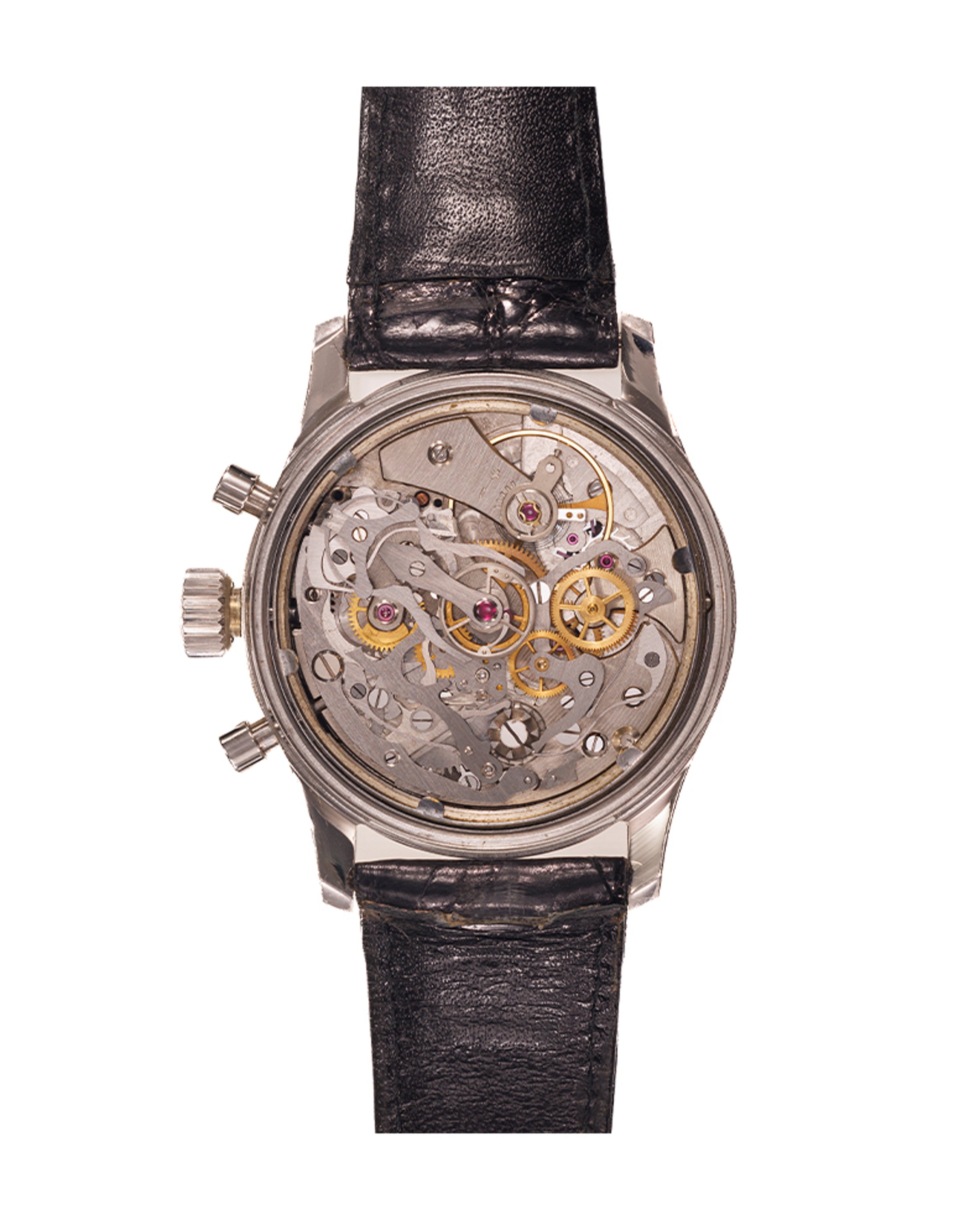 {generated} Vintage Breitling Duograph ref.791 Venus 185 with a silver dial, black subdials, and a textured black leather strap.