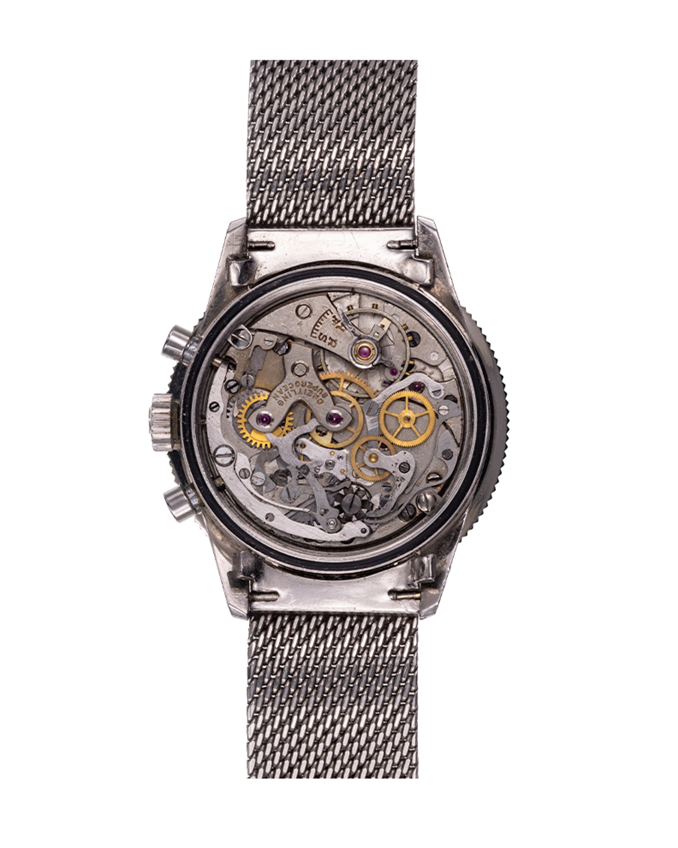 {generated} Breitling SuperOcean Heritage ref.807 Venus 152 con quadrante nero, due contatori e bracciale in maglia d’acciaio in vista frontale