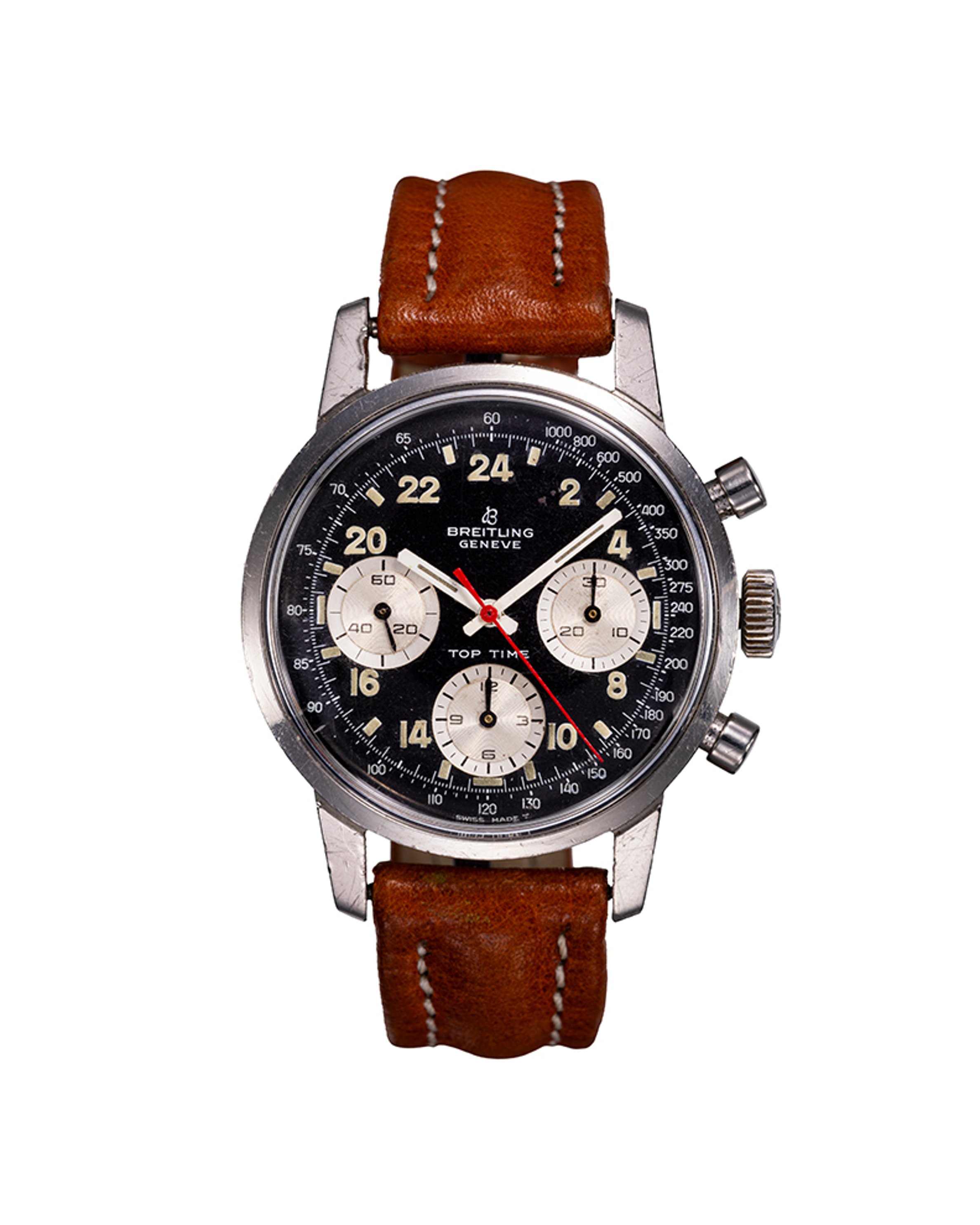 {generated} Breitling Top Time ref.824 Venus 178,採黑色錶盤、米色小錶盤、紅色計時指針與棕色皮革錶帶