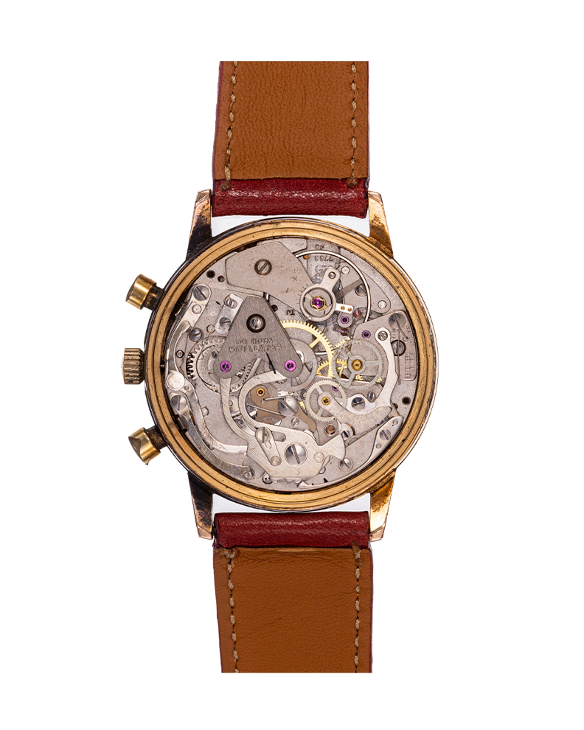 {generated} 復古Breitling Top Time Sprint 2000-33搭載Valjoux 7733機芯,配金色錶殼與棕色皮革錶帶。