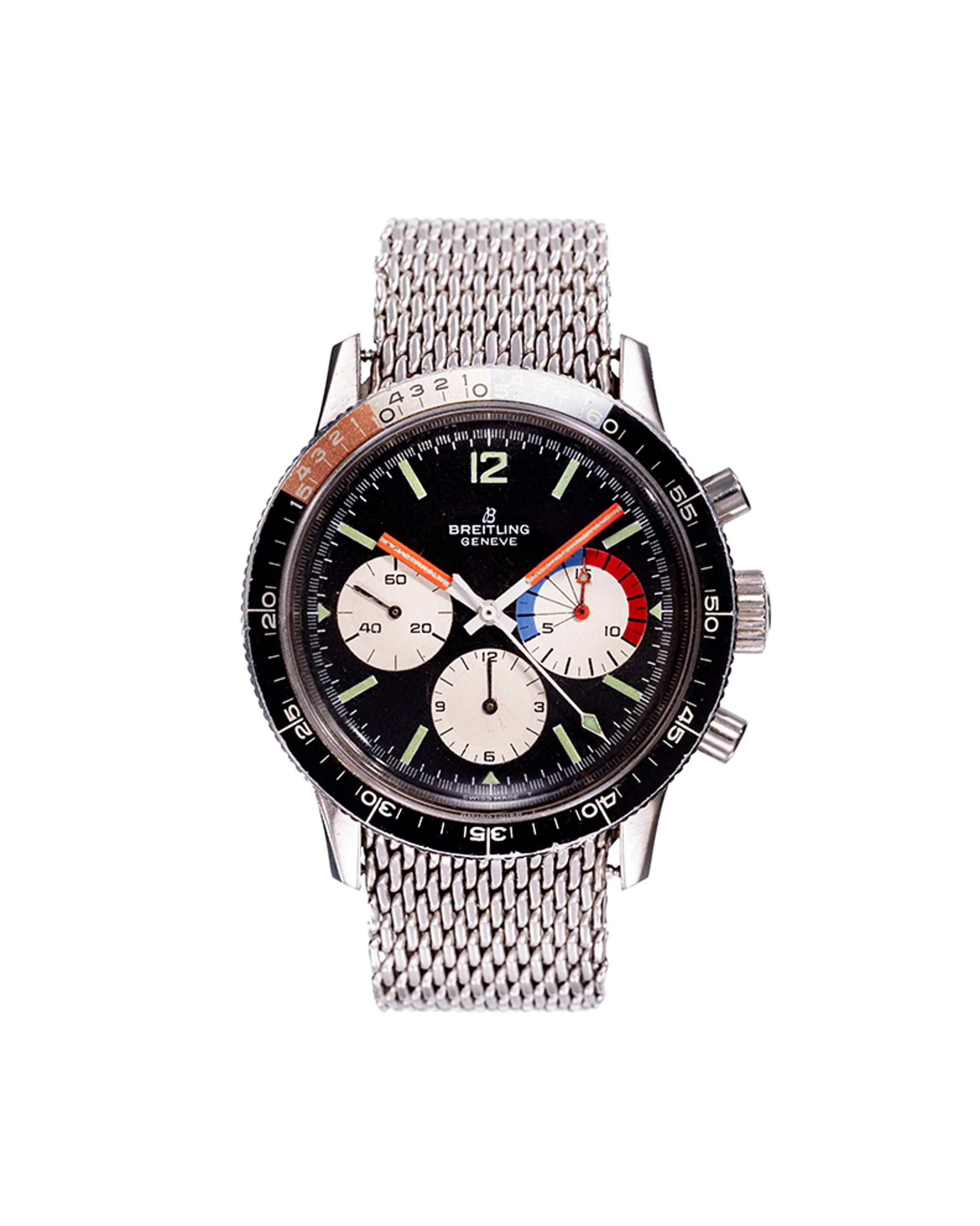 {generated} Breitling Co-Pilot Yachting watch featuring a black dial, colourful regatta subdials, and a polished mesh bracelet.