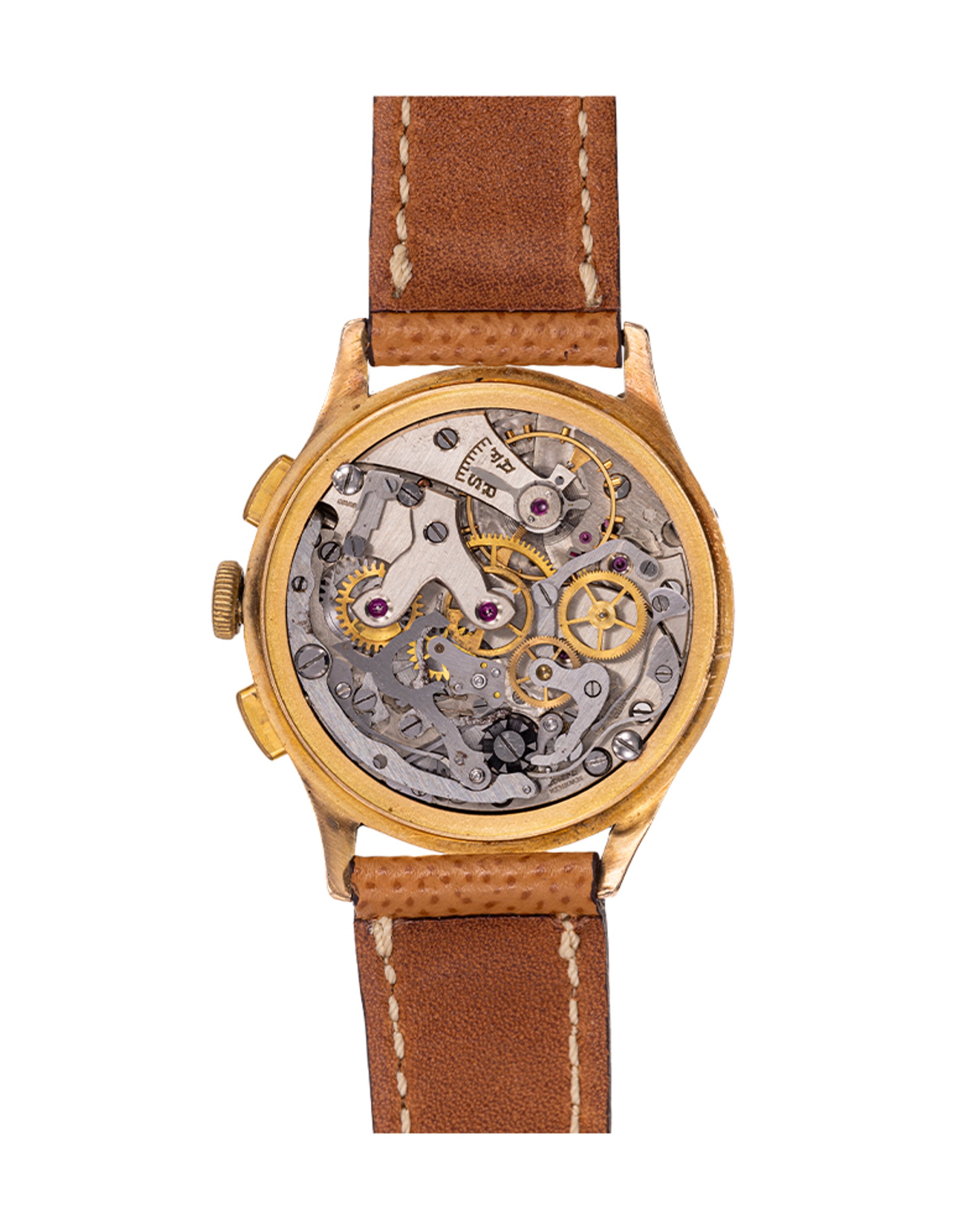 {generated} Breitling Datora ref.799 vintage gold watch with L Venus 187 movement and brown leather strap shown in a front view