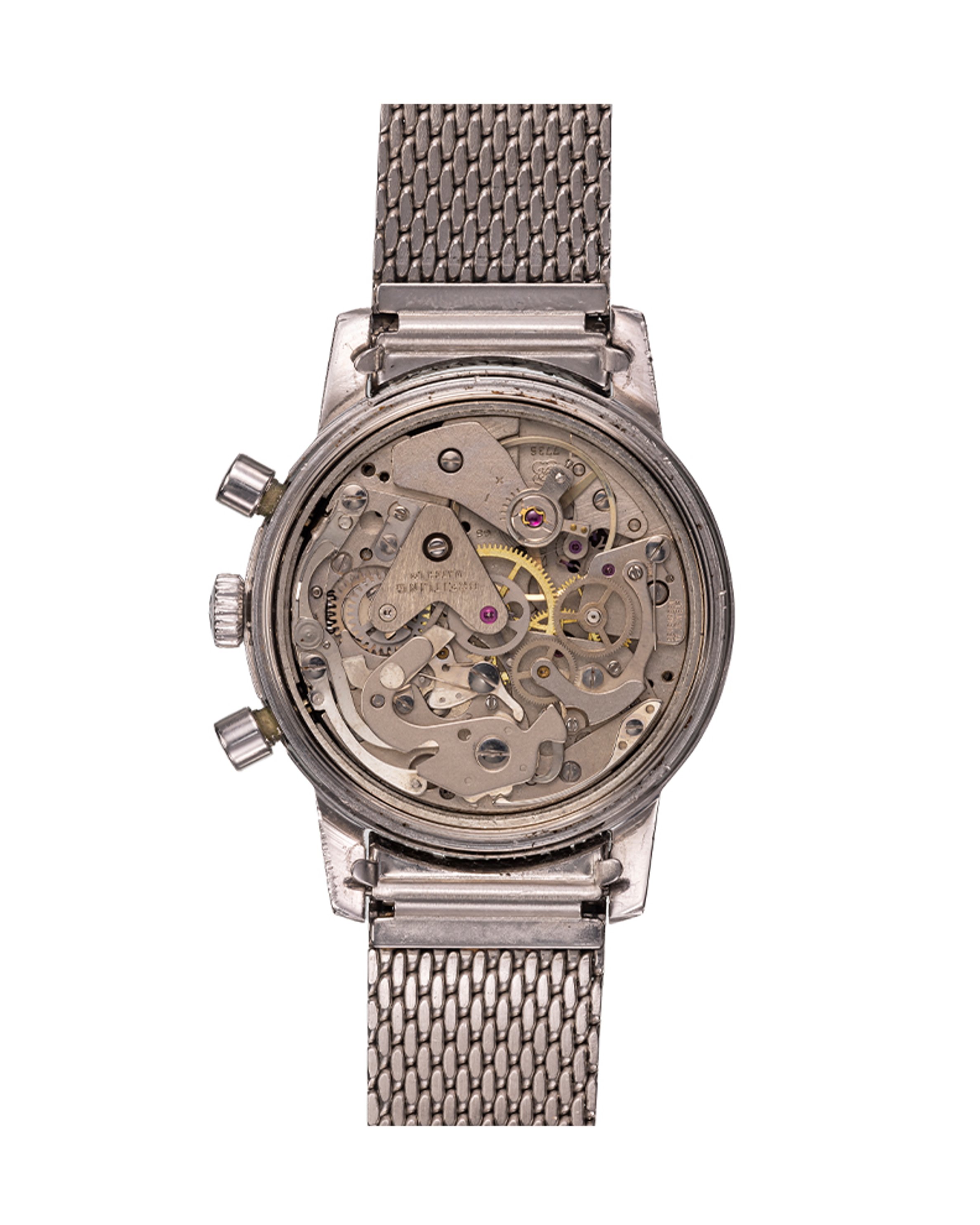 {generated} 復古Breitling Top Time 815 Valjoux 7736,銀色錶盤與深色小錶盤搭配精鋼網狀錶帶